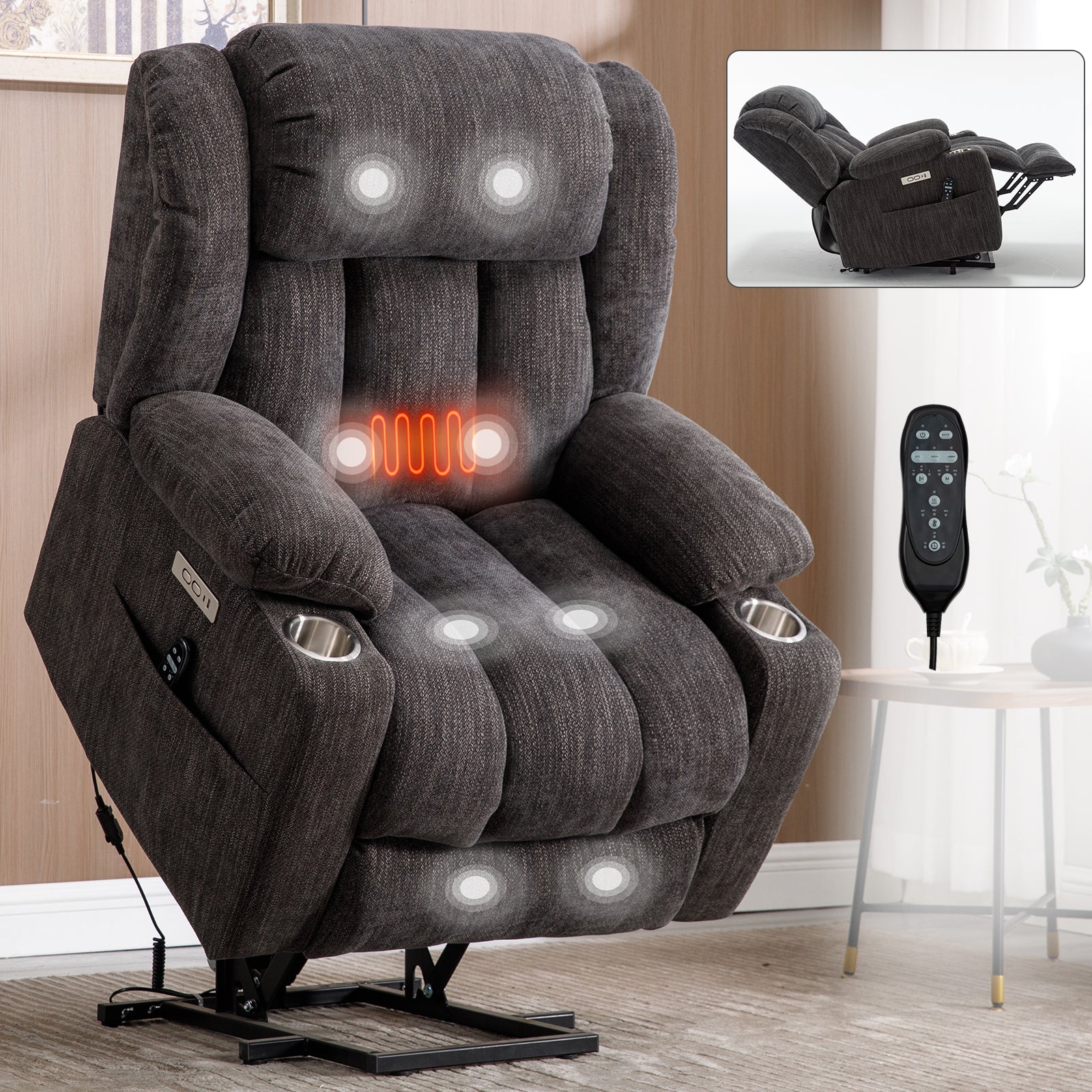 Up To 350 Lbs Chenille Power Lift Recliner Chair, Heavy Duty Motion Mechanism With 8 Point Vibration Massage And Lumbar Heating, Usb And Type C Ports, Stainless Steel Cup Holders, Grey White Metal Primary Living Space Heavy Duty Pine Grey Chenille Power