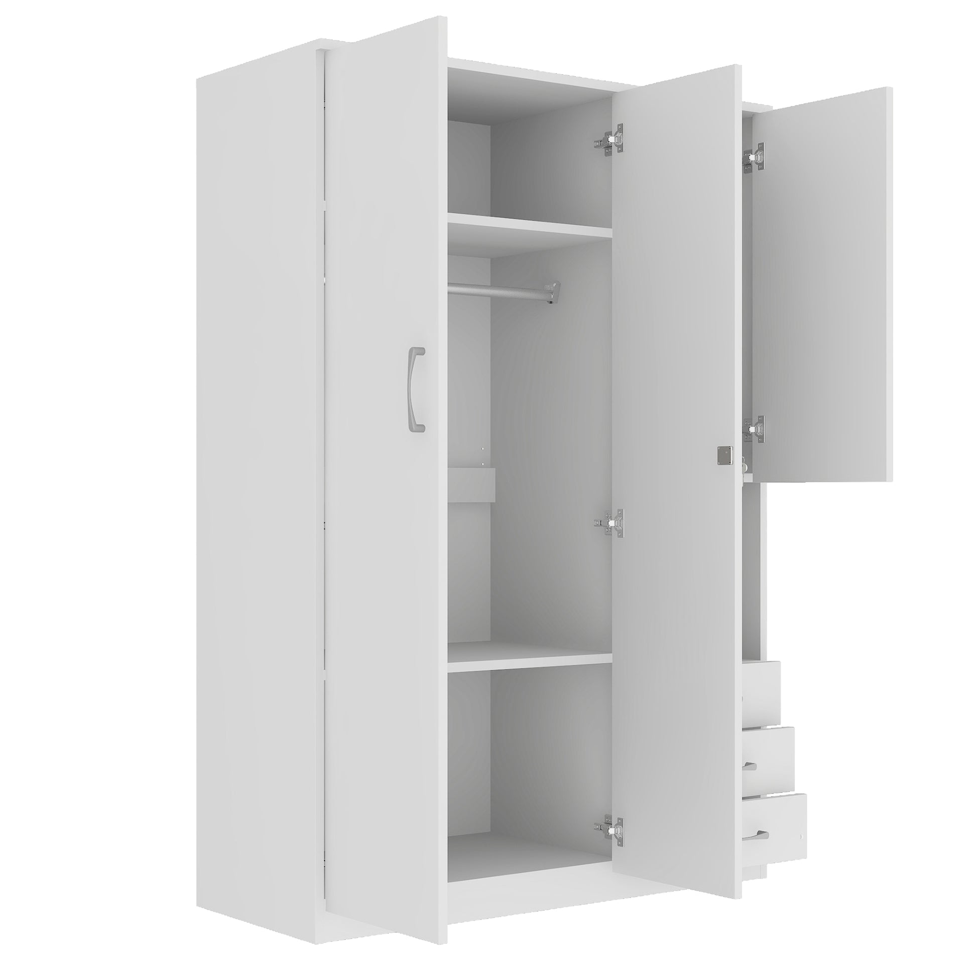 2 Doors Wooden Wardrobe Storage For Bedroom, With Shelves And 3 Drawers, White White Particle Board