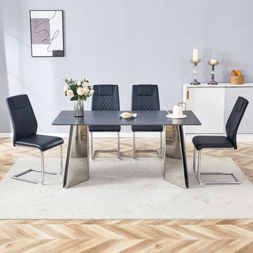 Table And Chair Set.63"X31.5X30" Black Marble Patterned Slabs Tabletop With Stainless Steel Butterfly Legs.Paried With 4 Black High Quality Pu Chairs With Silver Metal Legs. Black,Silver Seats 4