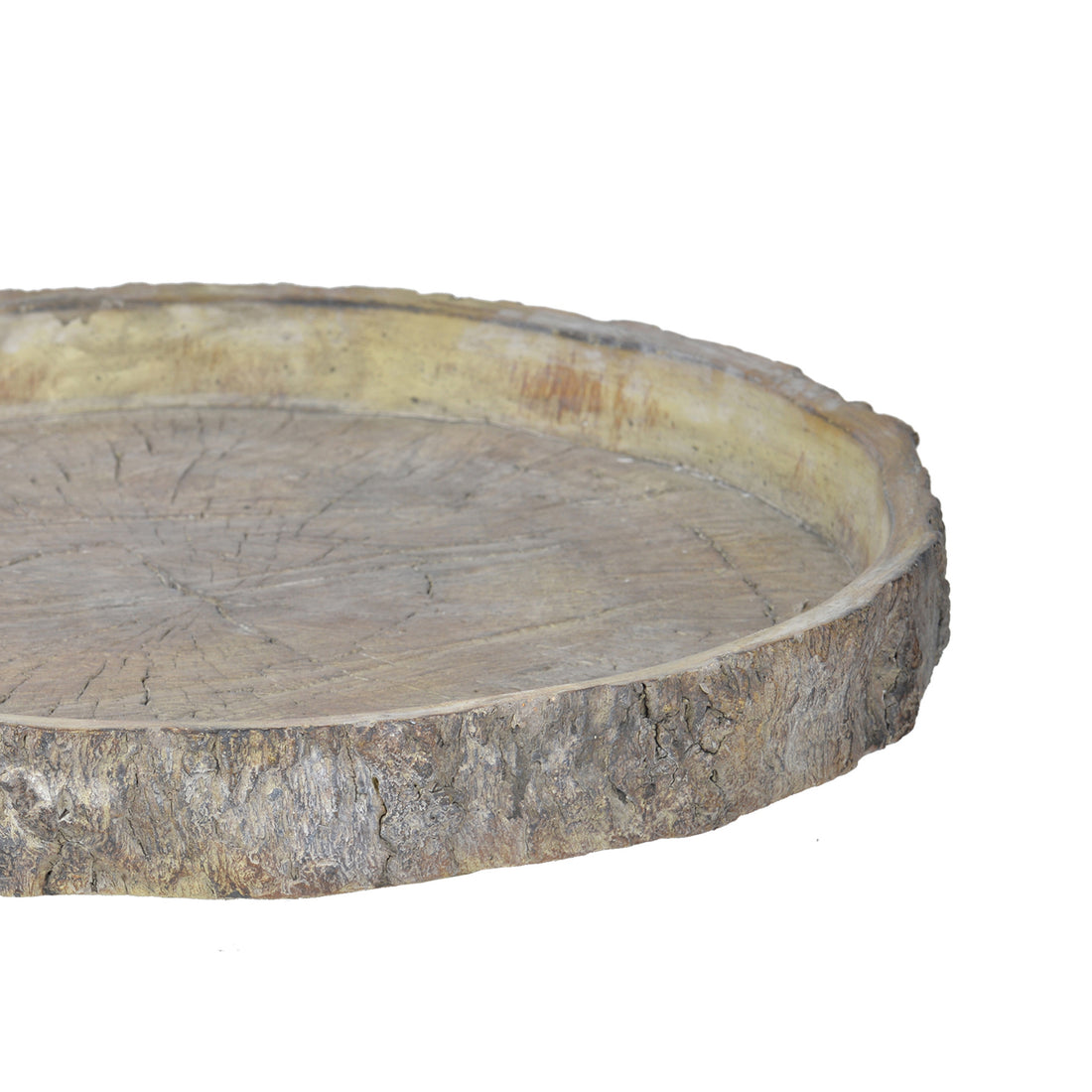 Round Shape Cemented Log Plate With Distressed Details, Gray Gray Cement