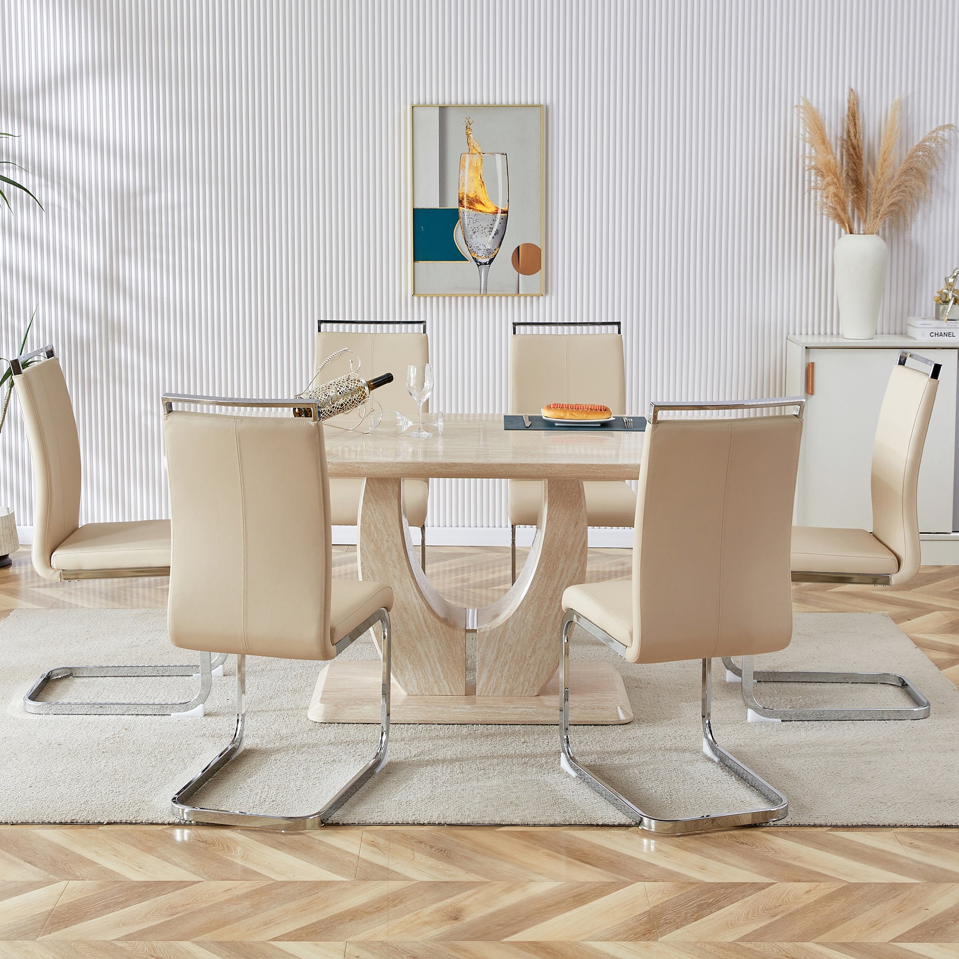Table And Chair Set.Modern Minimalist Luxury Mdf Rectangular Dining Table With Light Yellow Textured Stickers On The Table, 6 Pu Synthetic Leather High Backrest Soft Cushioned Side Chairs. Light Yellow Seats 6 Mdf