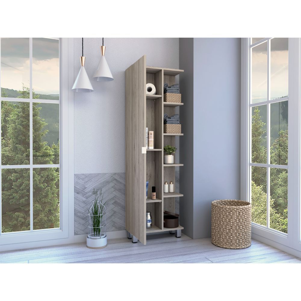 Los Angeles Corner Cabinet, Five Shelves, One Cabinet, Divisions Beige 1 5 18 To 23 In 60 In & Above Bathroom Freestanding Contemporary 5 10 Inches Melamine Particle Board