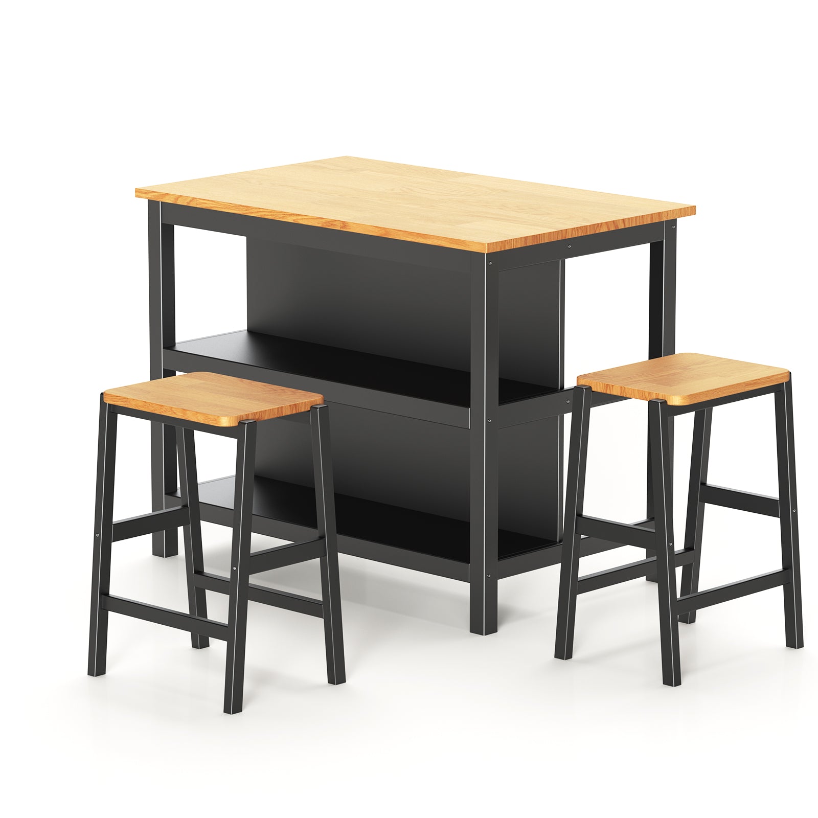 3 Pcs Dining Table Set Rustic Retro Breakfast Table Dining Stools Rubberwood For 2 With Two Open Shelves For Small Space Kitchen Dining Room W69165661 Black Rubber Wood