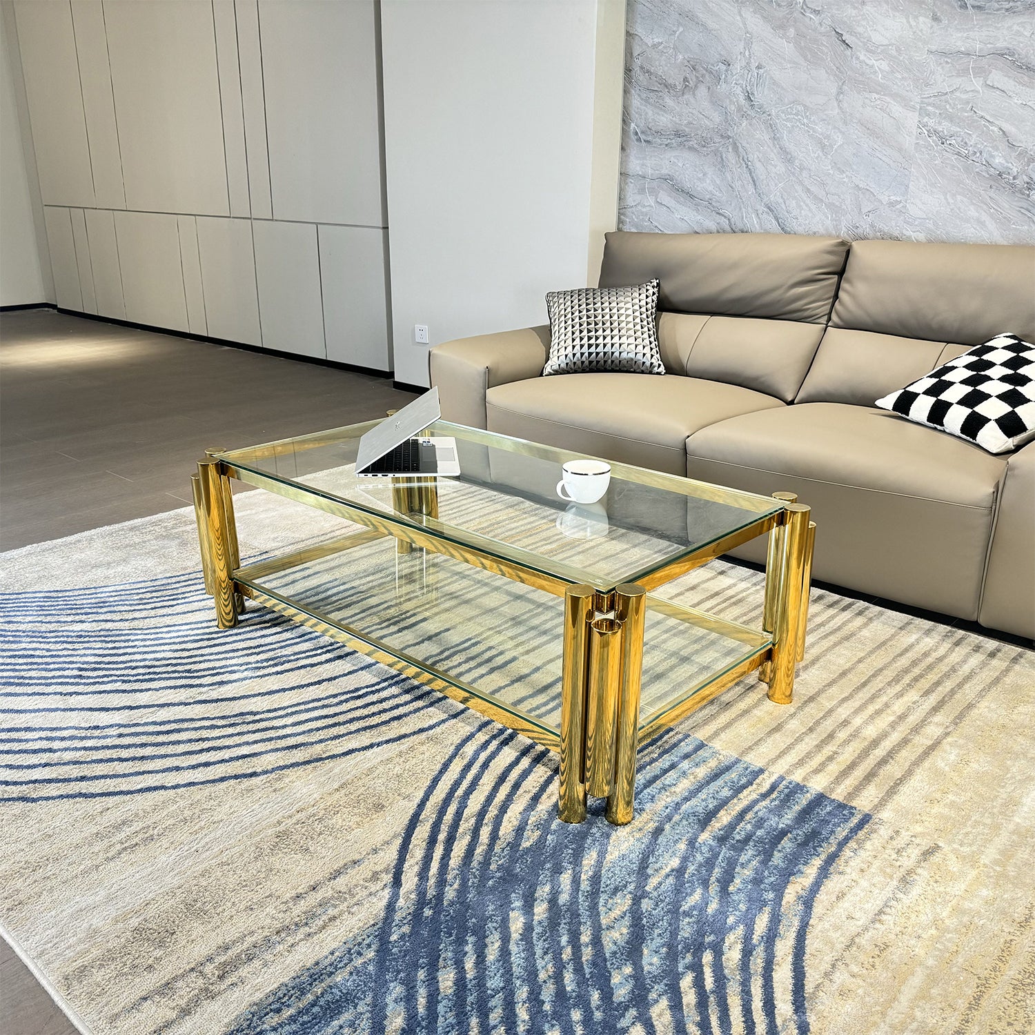 47" Wide Rectangle Modern Stainless Steel Coffee Table, Double Layer Clear Tempered Glass Coffee Table, Center Table With Storage, For Living Room Home Office, Easy Assembly, Gold Clear,Gold Modern