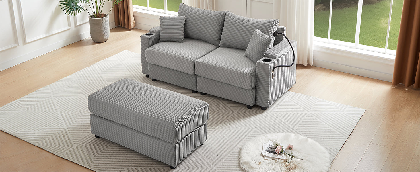 72.8" Modern Style Loveseat Sofa Sectional Sofa Couch With Storage Space, A Movable Ottoman, Two Usb Ports, Two Cup Holders, A Phone Holder For Living Room, Gray Gray Foam Corduroy 3 Seat