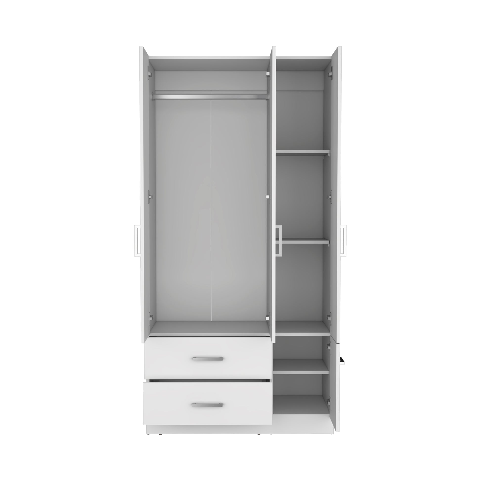 Armoire Wardrove 71", 4 Doors, Hanging Rod, 3 Cabinets, 6 Shelves, White White Solid Wood Mdf Engineered Wood