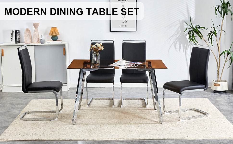 1 Table And 4 Chairs, Brown Tempered Glass Tabletop And Silver Metal Legs, Modern Minimalist Style Rectangular Glass Dining Table, Paired With 4 Modern Silver Metal Leg Chairs. 1123C 1162 Brown Seats 4 Glass
