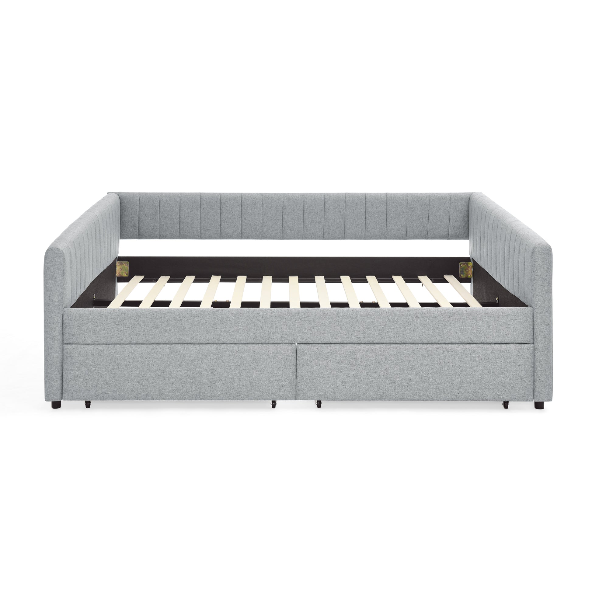 Queen Size Daybed With Two Drawers Trundle Upholstered Sofa Bed, With Vertical Stripes Linen Fabric, Grey 86.5"X65"X30" Grey Linen