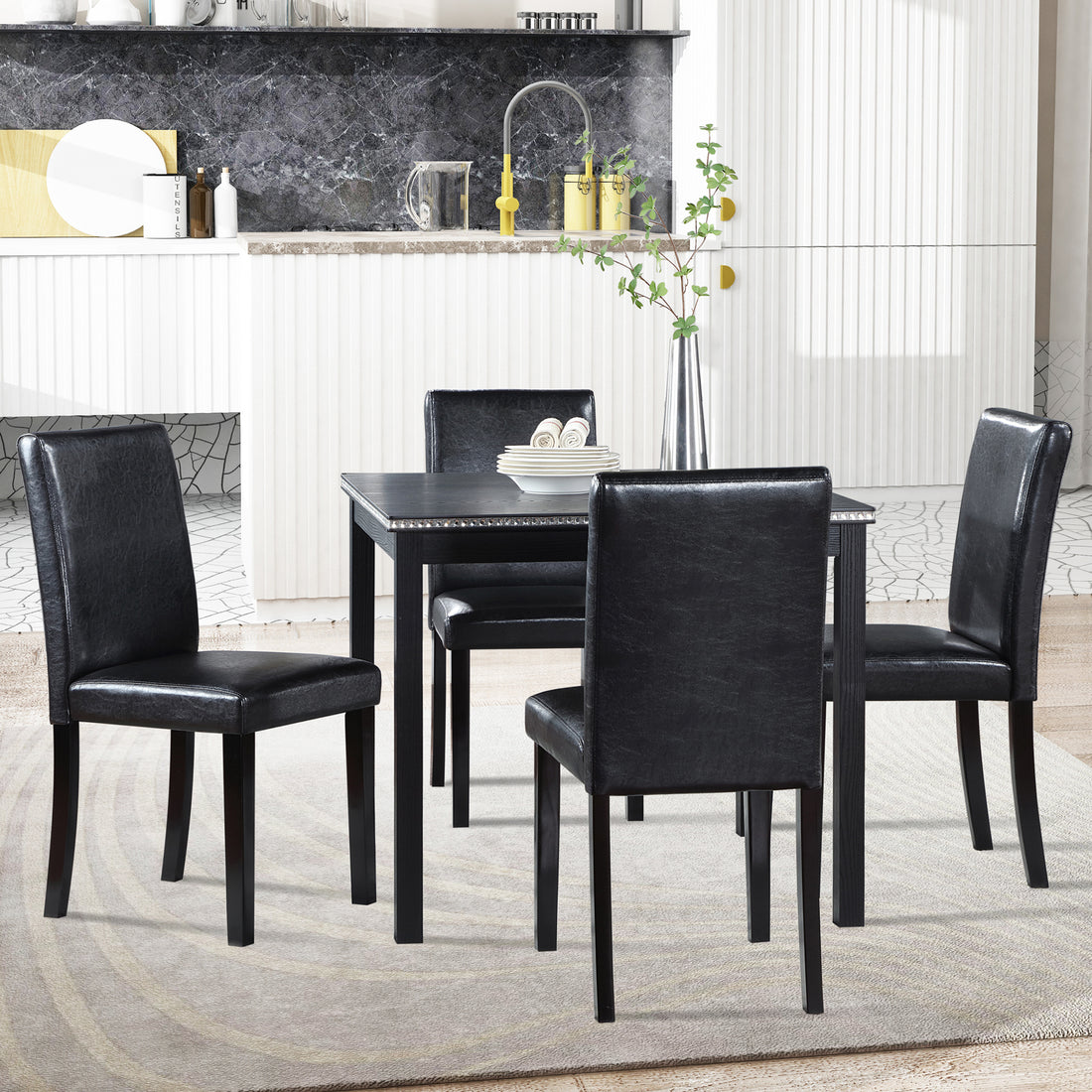 5 Piece Wooden Dining Table Set, Kitchen Table Set With A Square Table And 4 Upholstered Chairs, Wooden Dining Room Table With Crystal Decoration And Chairs Set For Kitchen, Dining Room, Black Black Seats 4 Dining Room 4 Leg Square Dining Table With