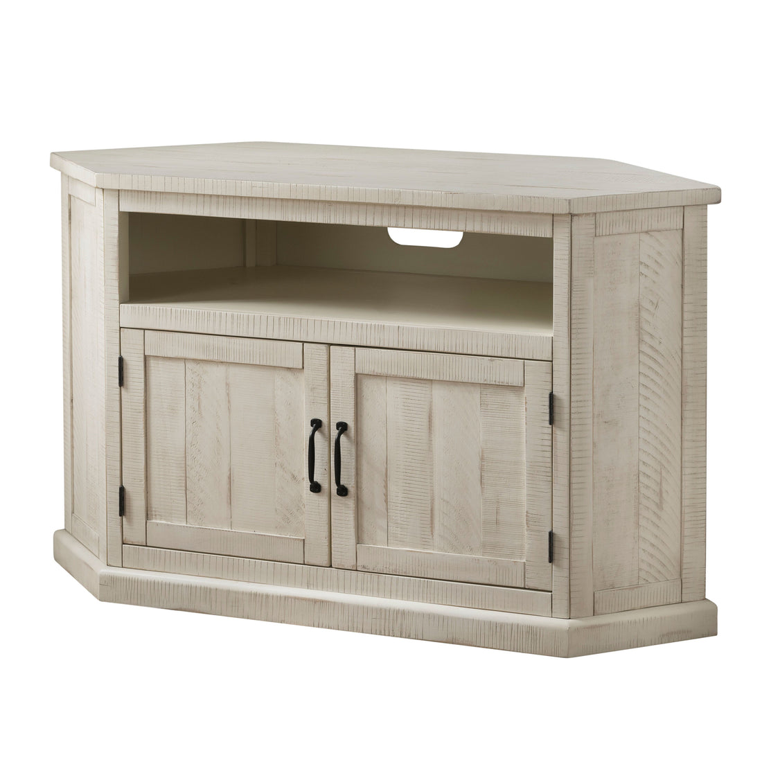 Rustic Style Wooden Corner Tv Stand With 2 Door Cabinet, White Antique White 50 59 Inches Solid Wood