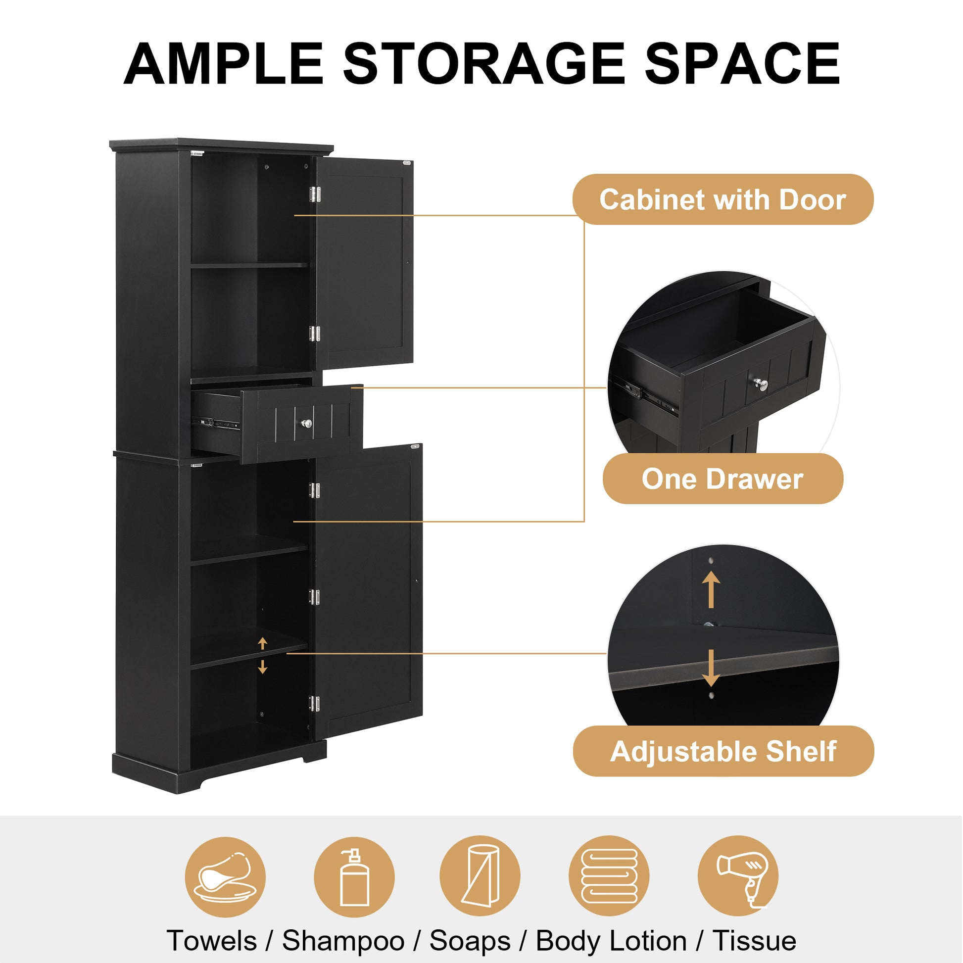 Tall Bathroom Storage Cabinet, Freestanding Storage Cabinet With Drawer And Adjustable Shelf, Mdf Board With Painted Finish, Black Black Mdf