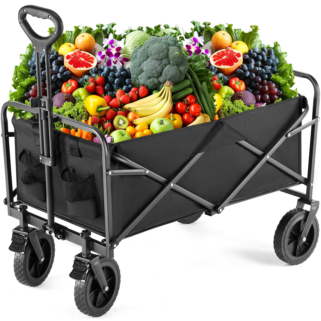 Folding Wagon Cart With Wheels, Foldable Grocery Cart,Large,Black Black Iron