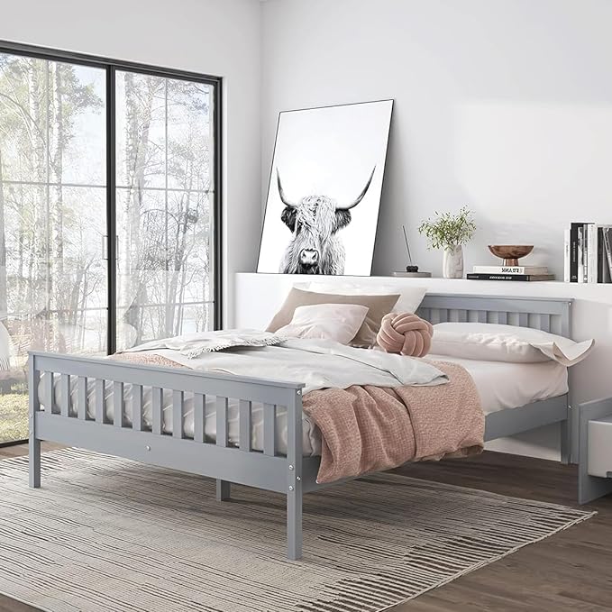 Queen Bed Frames With Headboard, Solid Wooden Platform Bed With Corner, Modern Low Profile Bed Frame, No Box Spring Needed, Grey Queen Grey Wood