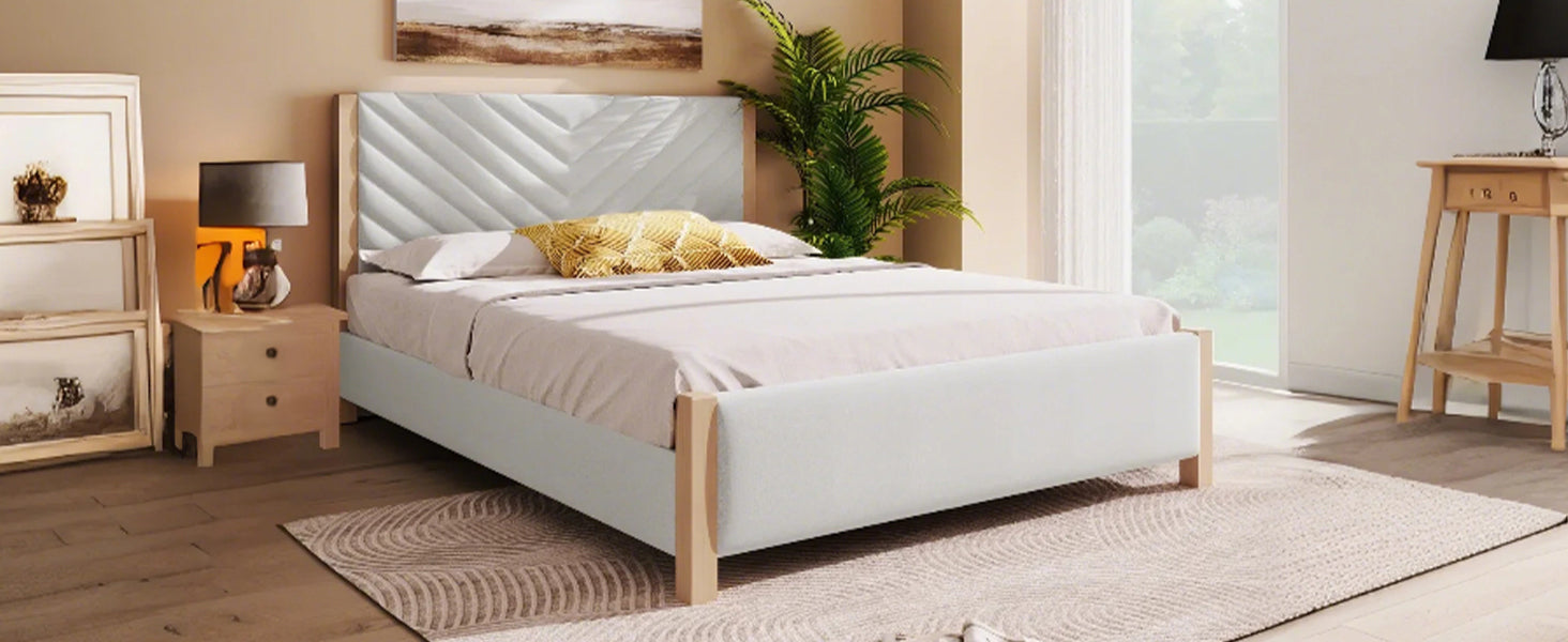 Modern Mid Century Queen Upholstered Platform Bed Frame With Tufted Headboard And Solid Wood Legs,No Box Spring Needed,Beige Box Spring Not Required Queen Beige Wood Bedroom Mid Century Modern,Modern Bed Frame Linen Wood