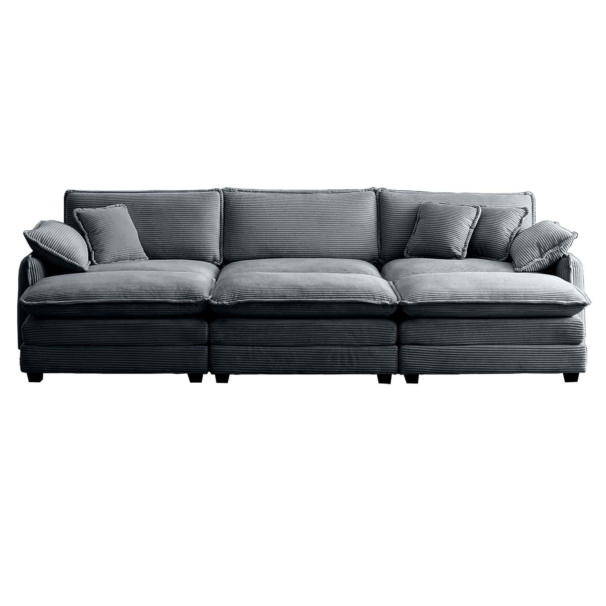 Oversized Modular Cushioned Sofa,With 3 Ottomans To Work As Sleeper Sofa Beds, 3 Seater Sofa With 3 Footstools,Grey Corduroy Fabric Grey Corduroy 3 Seat