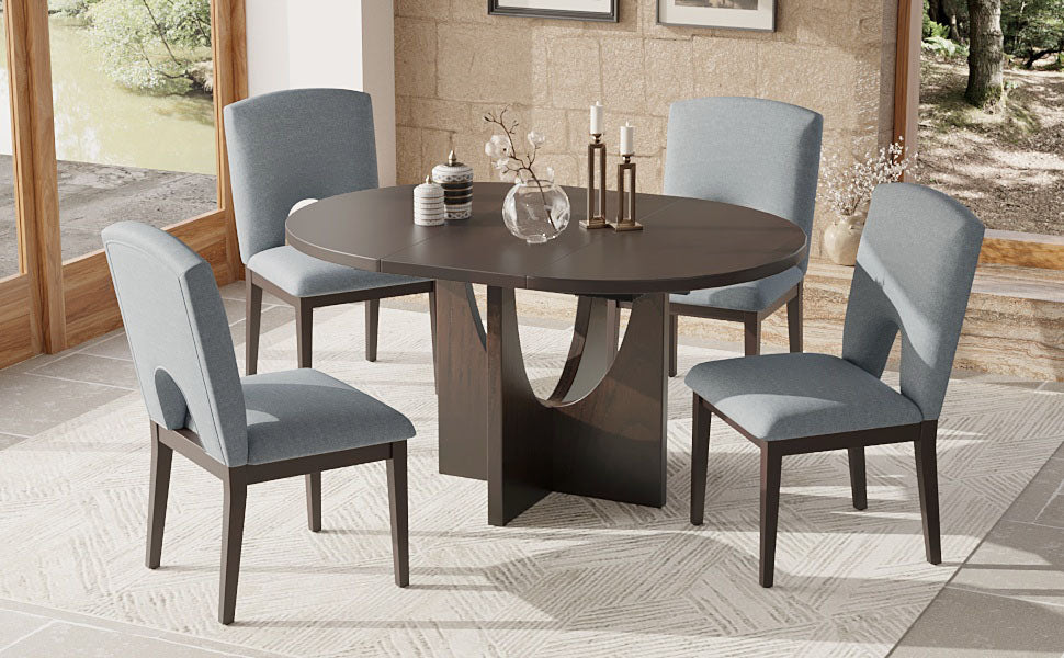 Modern 5 Piece Extendable Round Dining Table Set With 16.2Inch Removable Leaf For Small Places, Espresso Gray Wood Dining Room Solid Wood Rubberwood Round Dining Table With Chair Upholstered Chair Wood Espresso Seats 4 Removable Leaf Contemporary Round