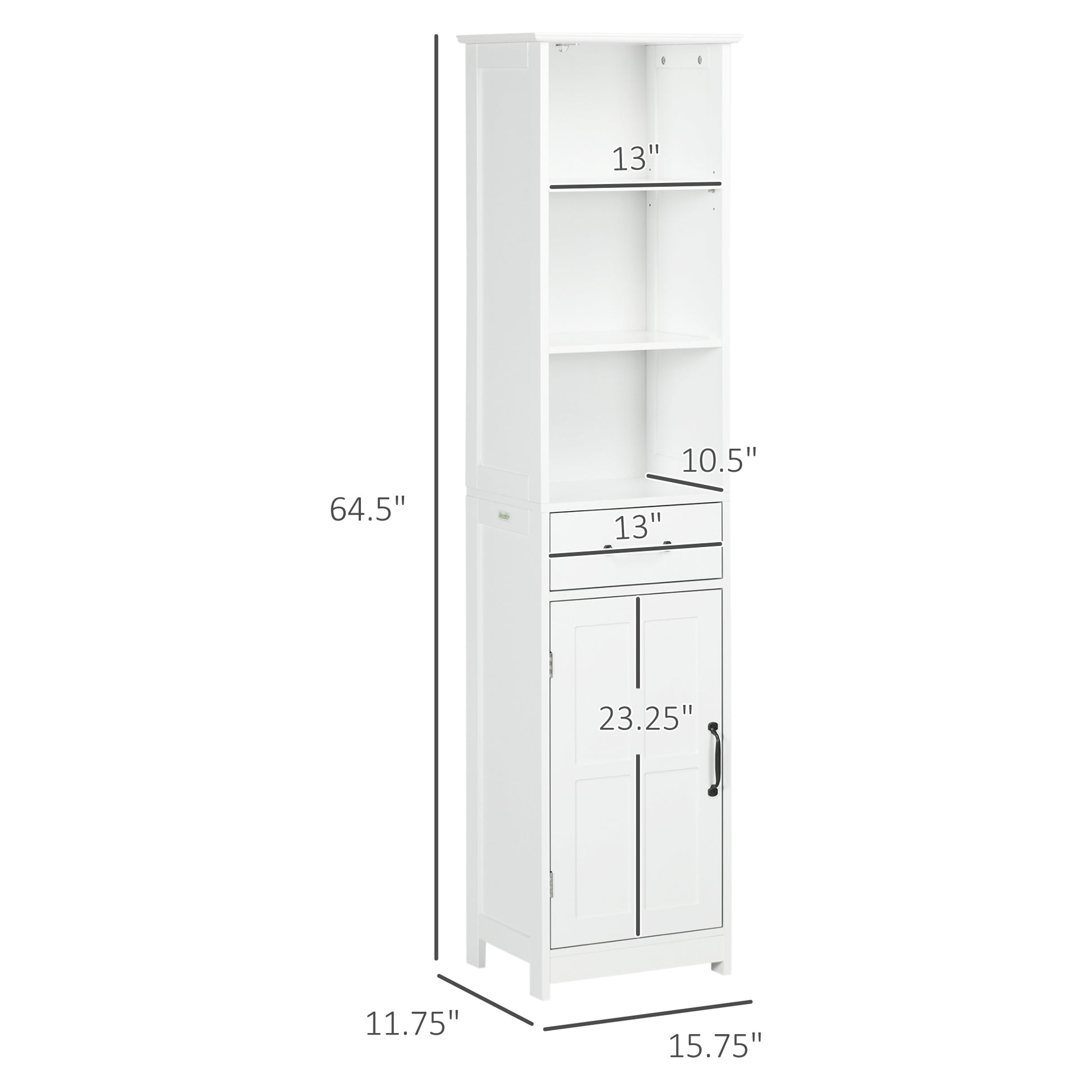 Kleankin Slim Bathroom Storage Cabinet, Tall Bathroom Cabinet, Linen Tower With 3 Open Shelves, Drawer, Recessed Door And Adjustable Shelf, White White Mdf