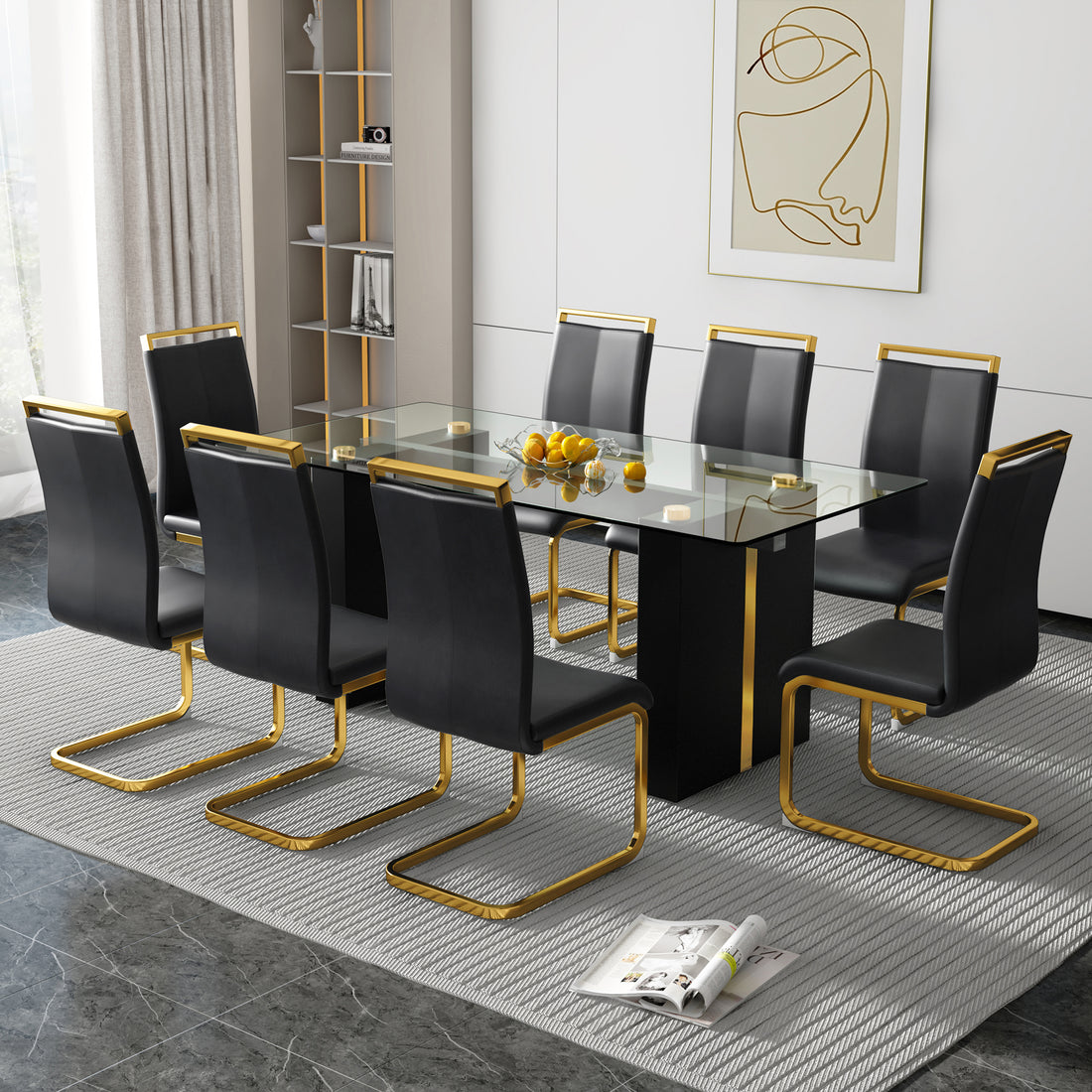 Table And Chair Set, Large Modern Minimalist Rectangular Glass Table, Can Accommodate 6 8 People, Equipped With Tempered Glass Tabletop And Large Mdf Table Legs, Comfortable And Minimalist Chairs. Transparent Mdf Glass