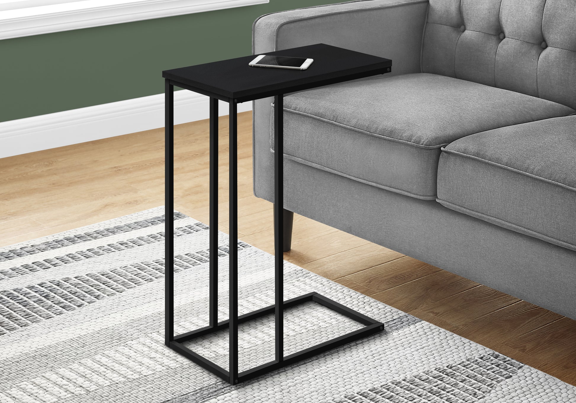 Accent Table, C Shaped, End, Side, Snack, Living Room, Bedroom, Black Laminate, Black Metal, Contemporary, Modern Black Particle Board