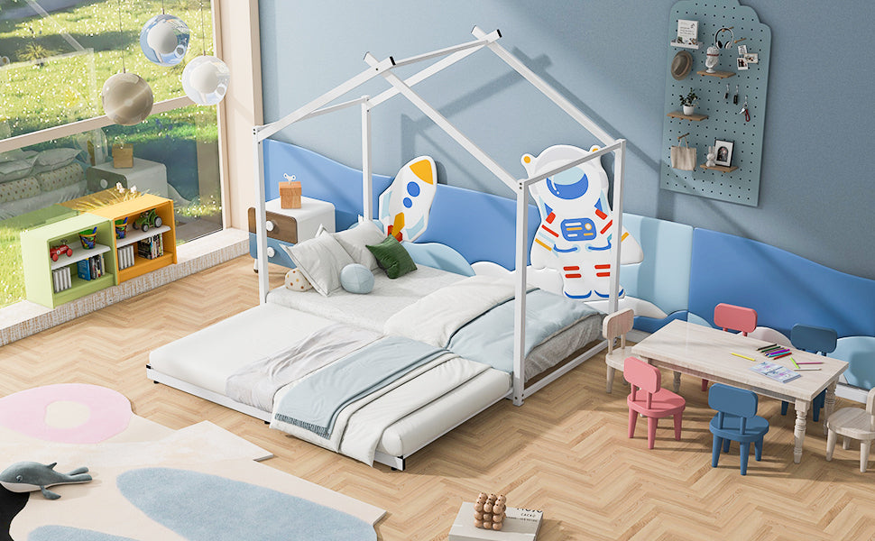 Metal Twin Size House Platform Bed With Trundle, White Box Spring Not Required Twin White Metal Bed Frame Metal