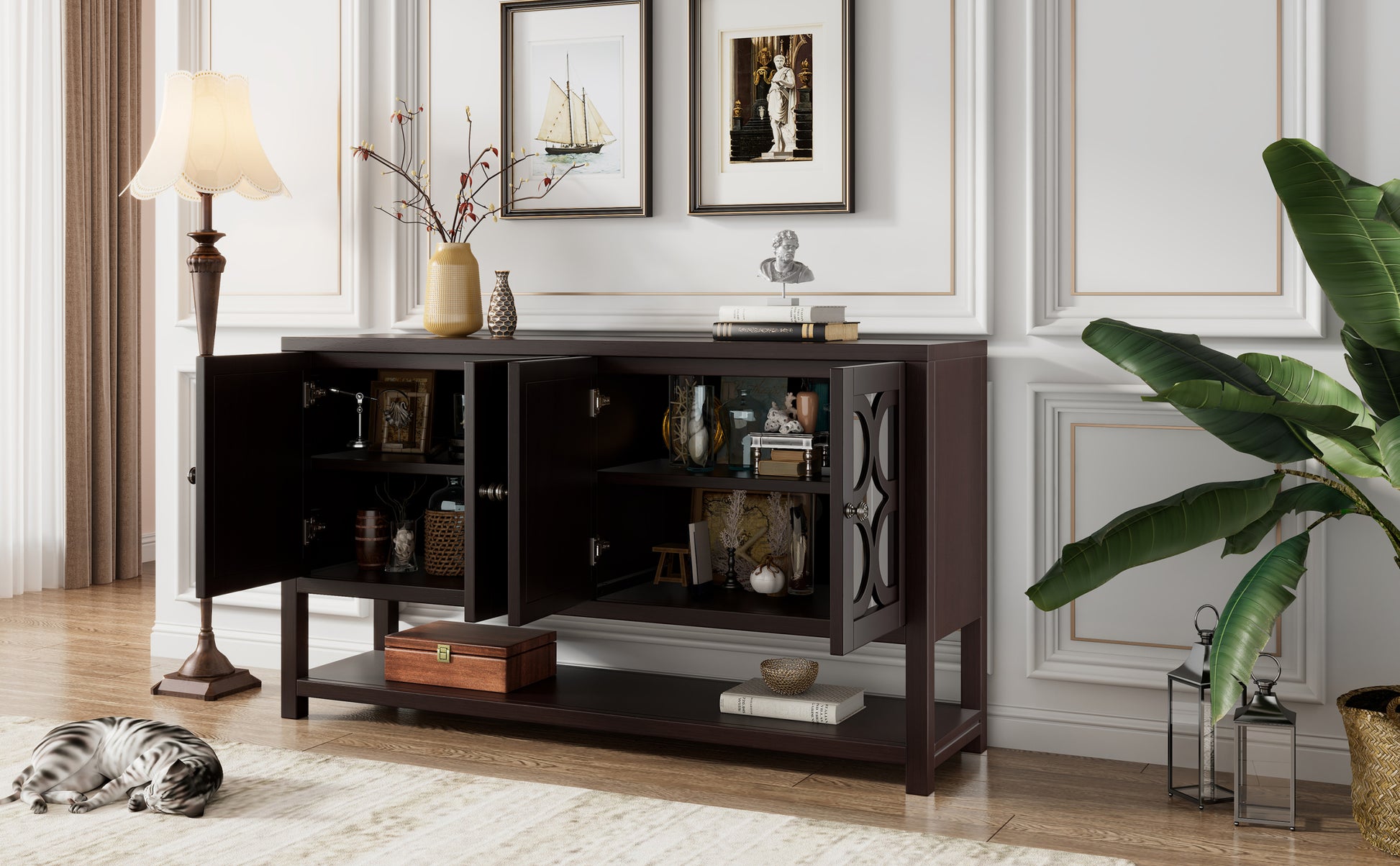 Elegant Retro Console Table Storage Cabinet Sideboard With Mirrored Doors, Spacious Shelves, And Durable Acacia Wood Legs Perfect For Living Room, Dining Room, Or Entryway Espresso Espresso Primary Living Space Solid Wood Mdf