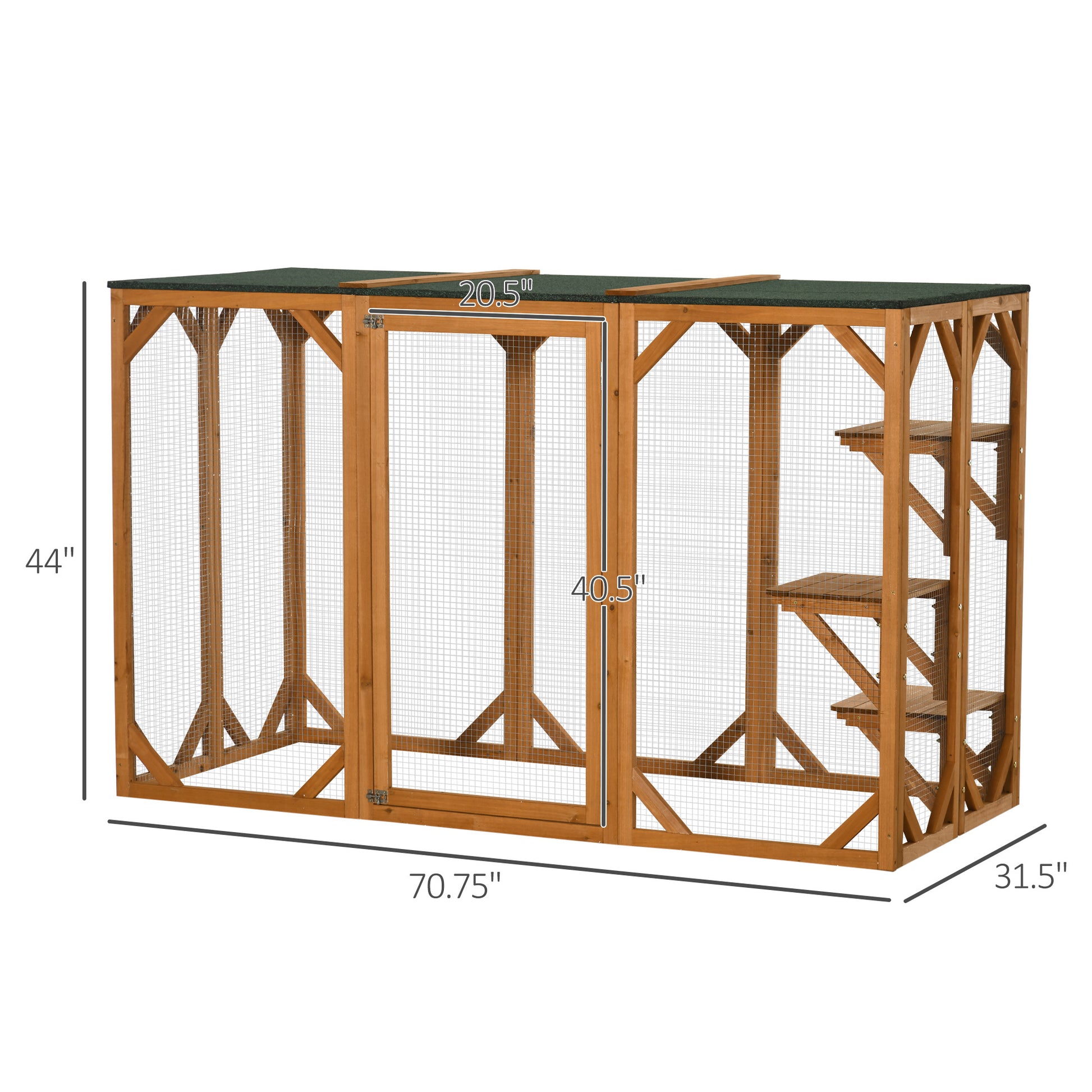 Pawhut Outdoor Cat House, Catio Wooden Feral Cat Shelter, Cat Cage With Platforms, Large Enter Door, Weather Protection Asphalt Roof, 71" L, Orange Orange Wood