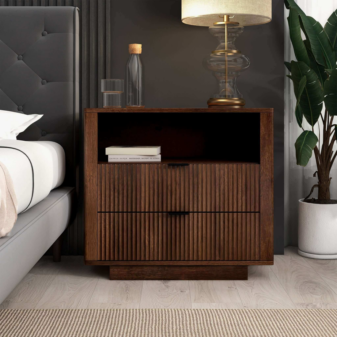 Lola Mid Century Modern Walnut Nightstand 2 Drawer Bed Side Table Dark Brown Brown 2 Drawers Bedroom With Legs Mid Century Modern Shelf Walnut Solid Wood