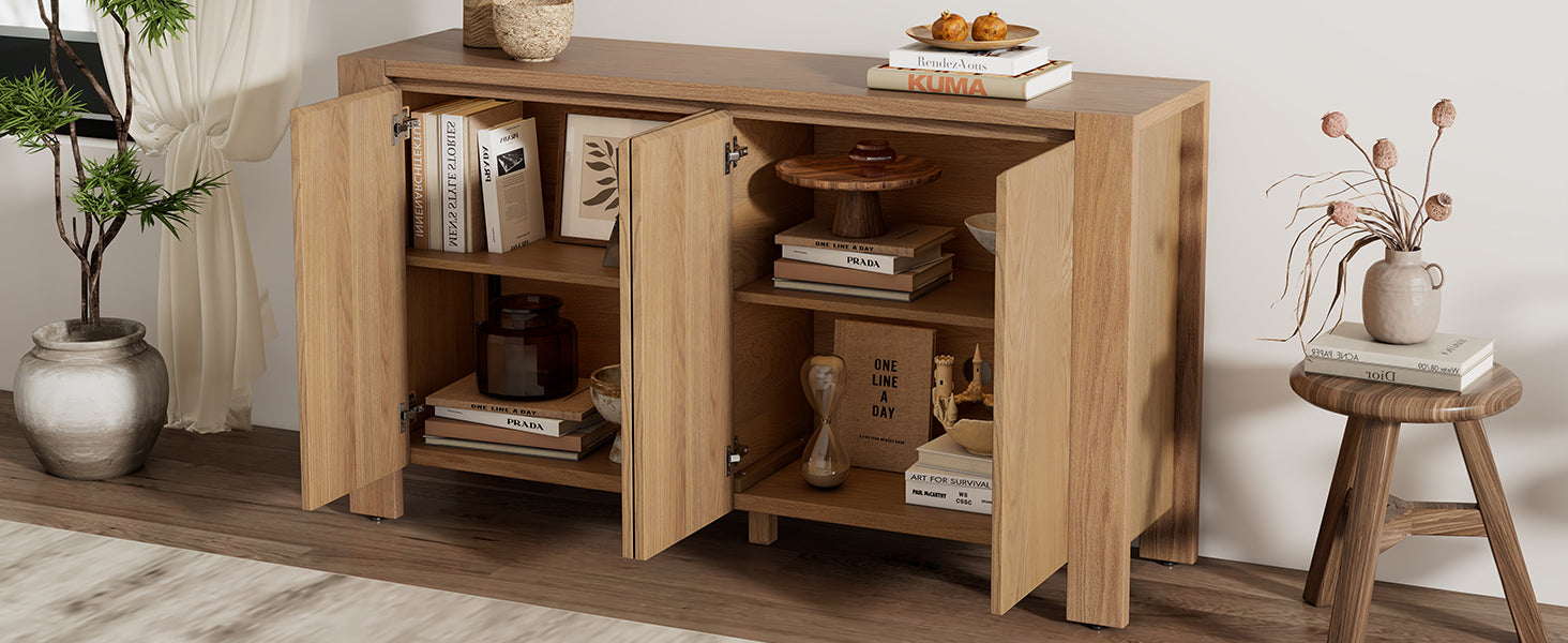 Retro 4 Door Sideboard With Distressed Finish And Adjustable Shelves For Dining Room, Kitchen, And Living Room Natural Natural Mdf,Rubber Wood