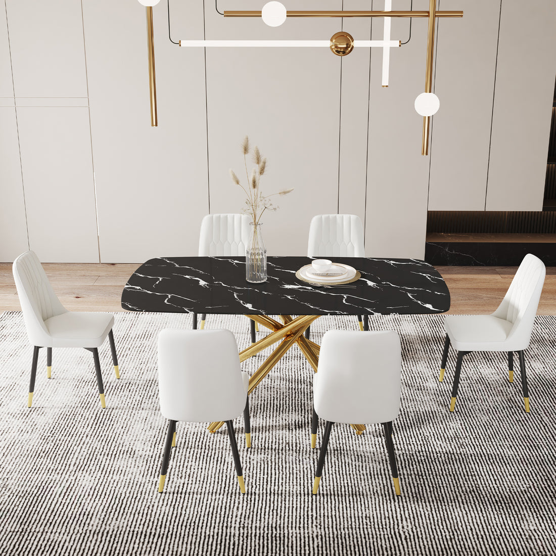 Large Modern Minimalist Rectangular Dining Table With 0.39 "Imitation Marble Black Tabletop And Golden Metal Legs, Paired With Chairs With Pu Cushions And Black Metal Legs. F 1537 C 007 Black Gold Glass Metal