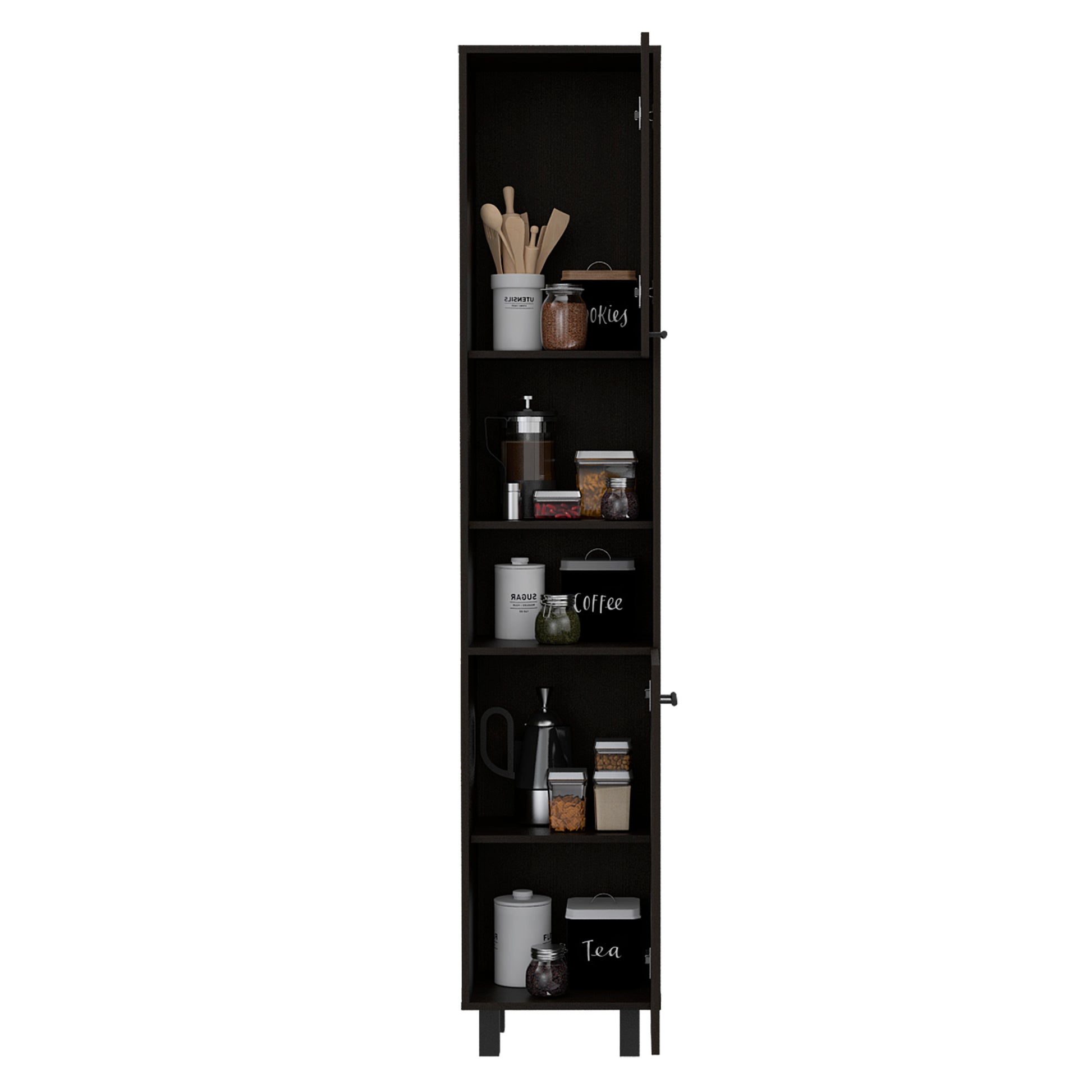 Hobart Pantry, Four Legs, Three Interior Shelves, Two Shelves, Two Cabinets Black Freestanding 3 4 Shelves Black Shelves Included Modern Particle Board Particle Board