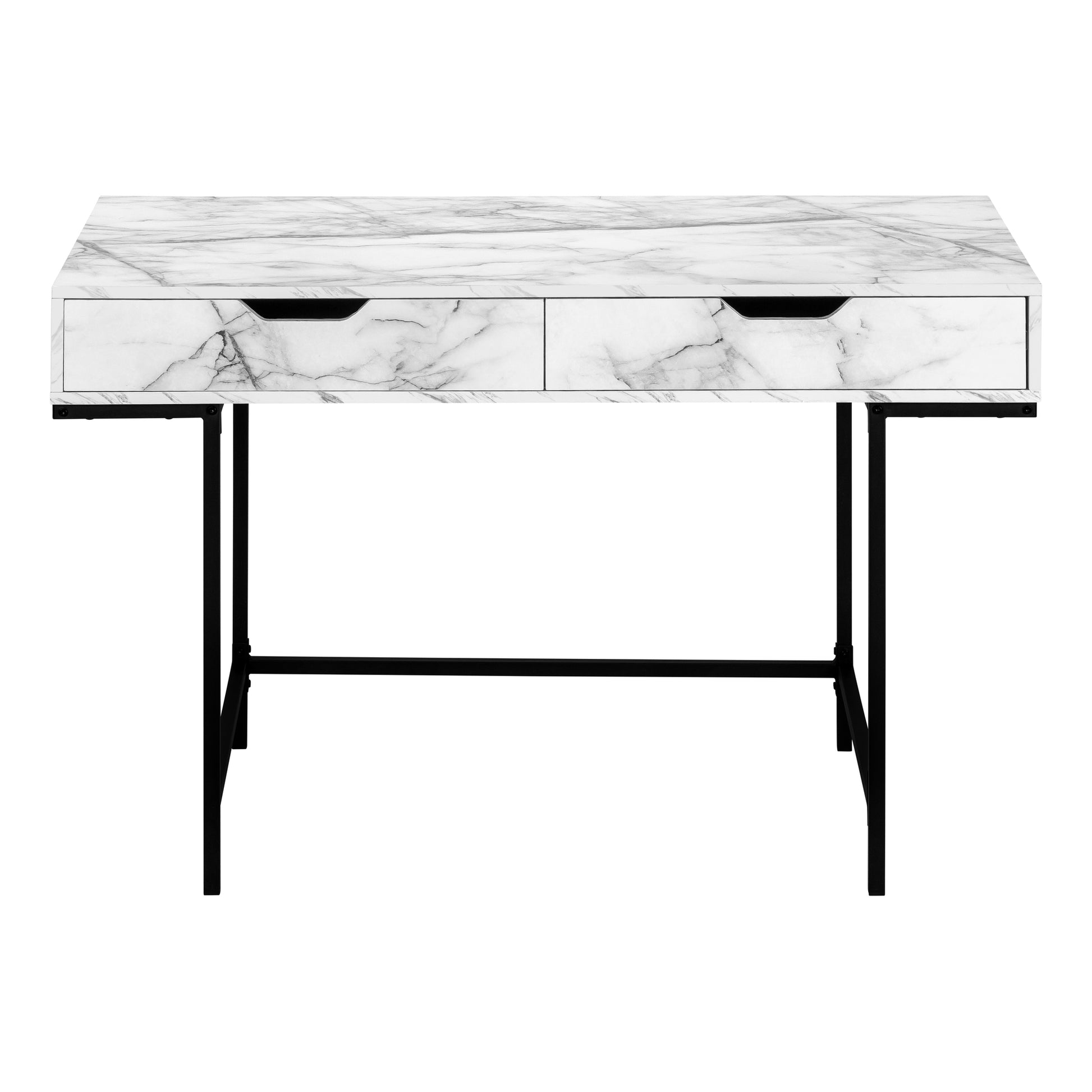 Computer Desk, Home Office, Laptop, Storage Drawers, 48"L, Work, White Marble Look Laminate, Black Metal, Contemporary, Modern White Particle Board