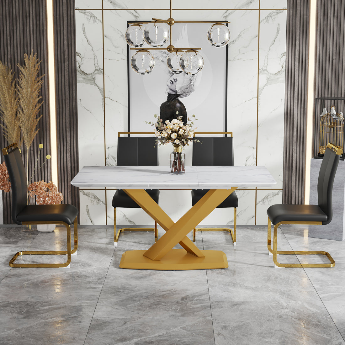Table And Chair Set, The Table Is Equipped With A Marble Patterned Mdf Tabletop And Gold Table Legs.The Chair Is Equipped With Pu Synthetic Leather High Back Cushion And Gold Coated Metal Legs. Gold Black Seats 4 Mdf Metal