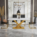 Table And Chair Set, The Table Is Equipped With A Marble Patterned Mdf Tabletop And Gold Table Legs.The Chair Is Equipped With Pu Synthetic Leather High Back Cushion And Gold Coated Metal Legs. Gold Black Seats 4 Mdf Metal