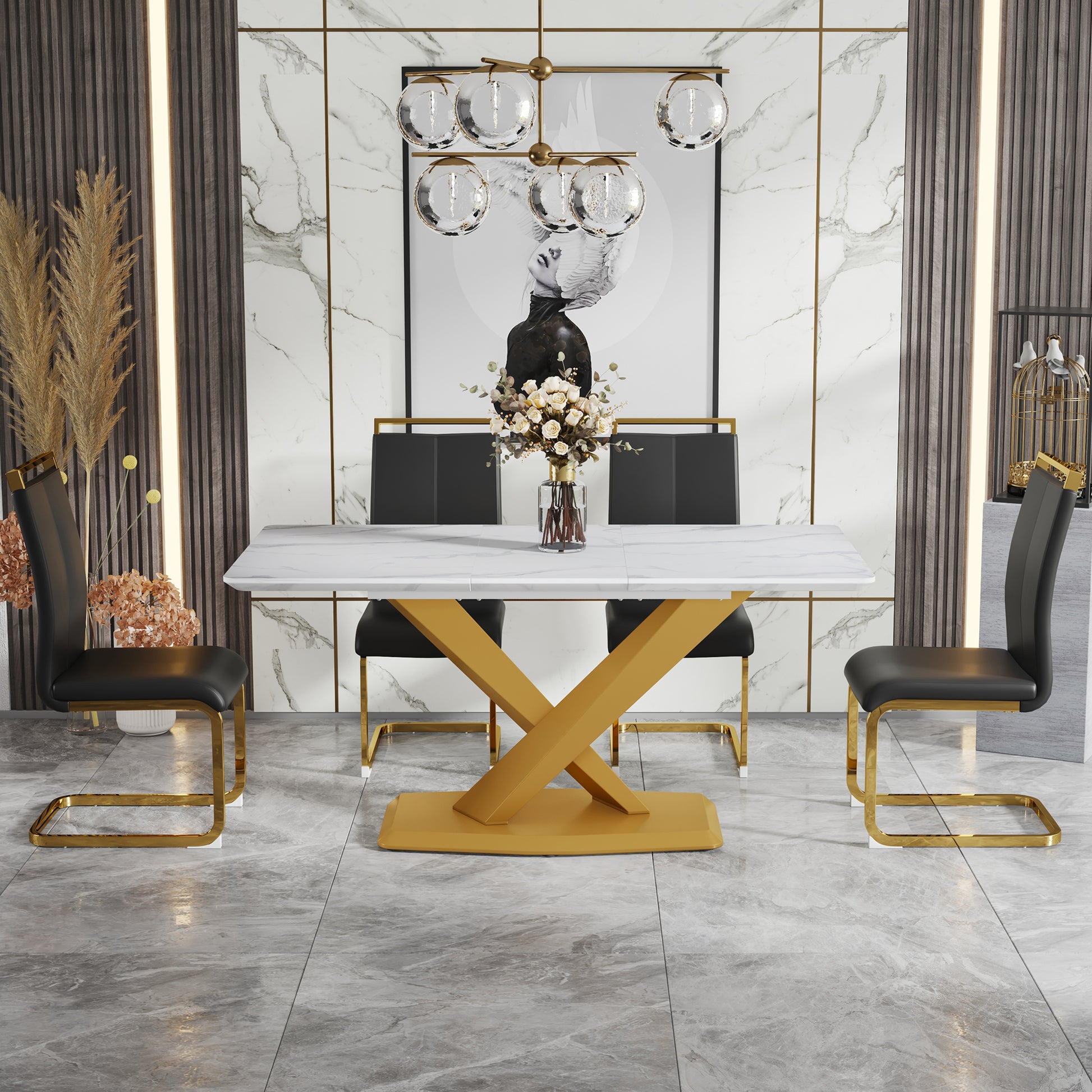 Table And Chair Set, The Table Is Equipped With A Marble Patterned Mdf Tabletop And Gold Table Legs.The Chair Is Equipped With Pu Synthetic Leather High Back Cushion And Gold Coated Metal Legs. Gold Black Seats 4 Mdf Metal