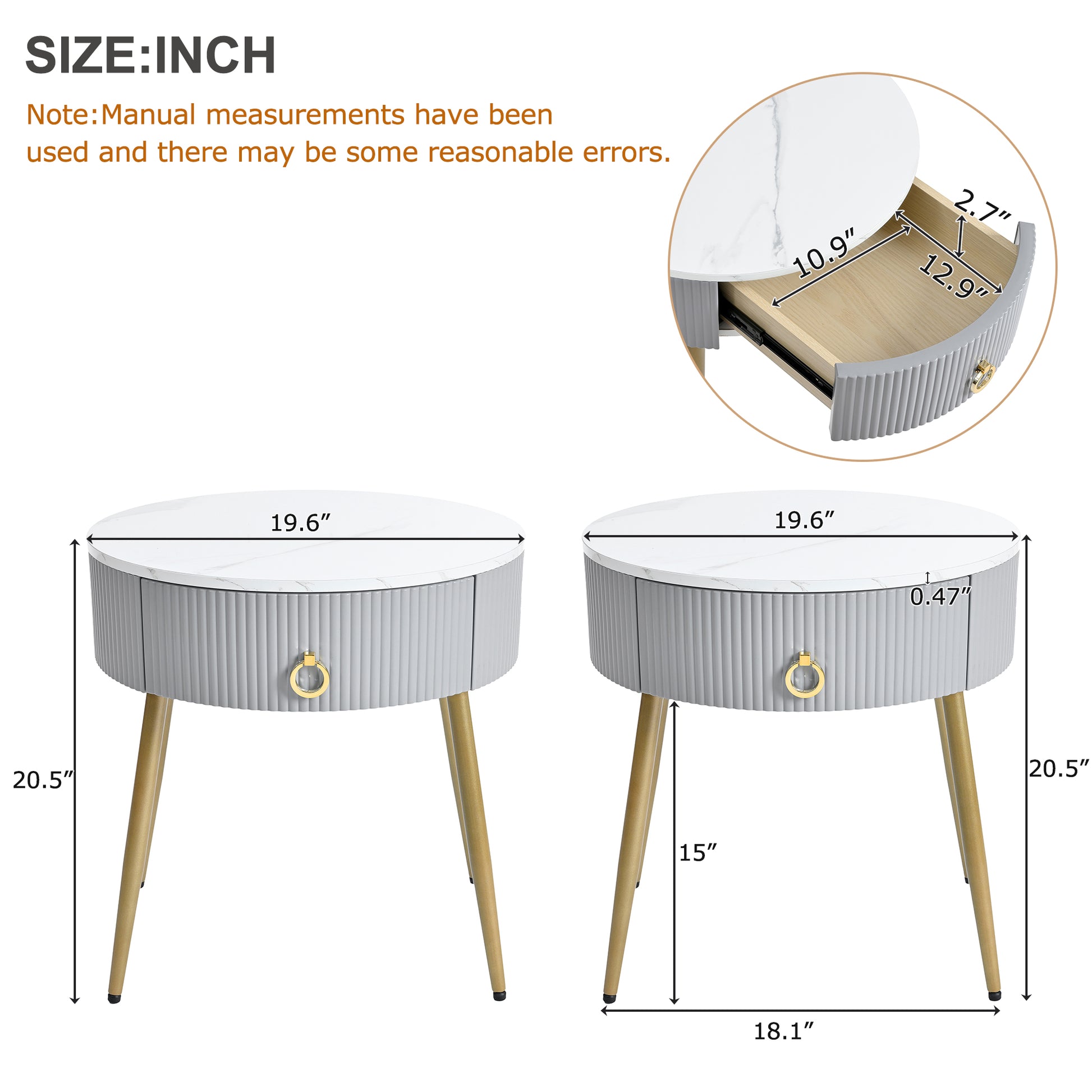 19.6'' Easy Assembly End Tables With High Gloss Faux Marble Tabletops, Set Of 2, Modern Fluted 2 Side Tables With Drawers, Round Coffee Tables With Golden Legs For Living Room, Grey Grey Gold Primary Living Space Drawers Round Mdf Iron