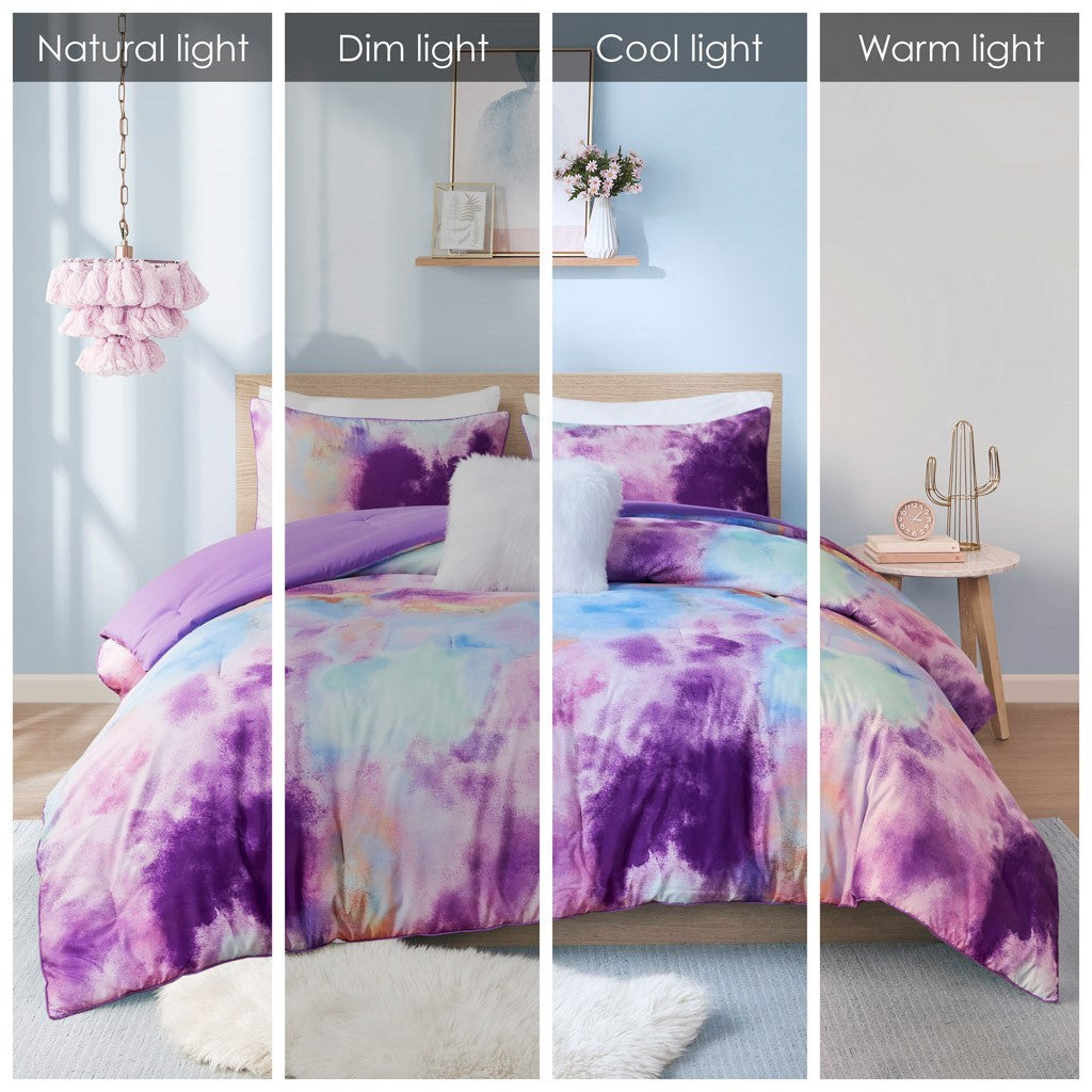 Watercolor Tie Dye Printed Comforter Set With Throw Pillow Twin Multicolor Polyester