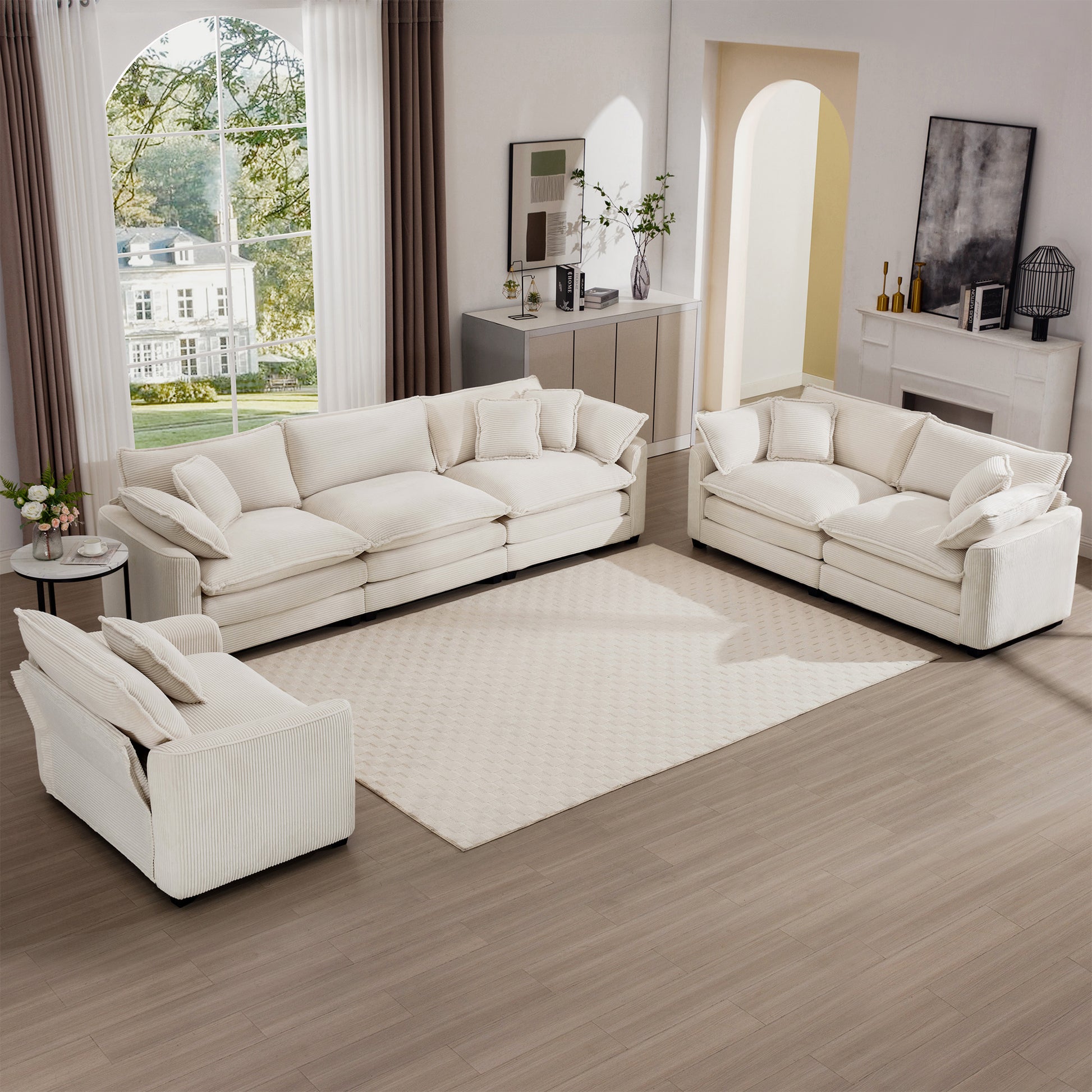 3 Piece Sofa Set, Comfortable Oversized Sofa With One Single Sofa, One 2 Seater Sofa And One 3 Seater Sofa, Light Beige Corduroy Deep Seat Sofa Beige Corduroy 6 Seat