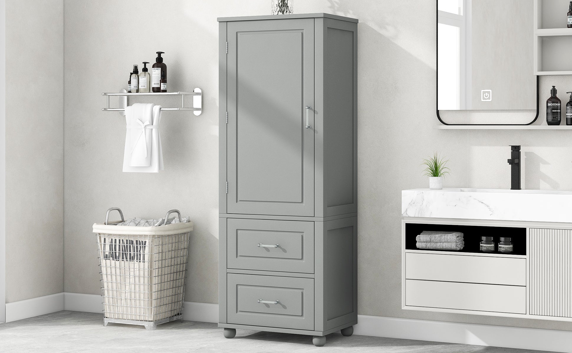 Tall Bathroom Storage Cabinet, Freestanding Storage Cabinet With Two Drawers And Adjustable Shelf, Mdf Board With Painted Finish, Grey Grey Mdf