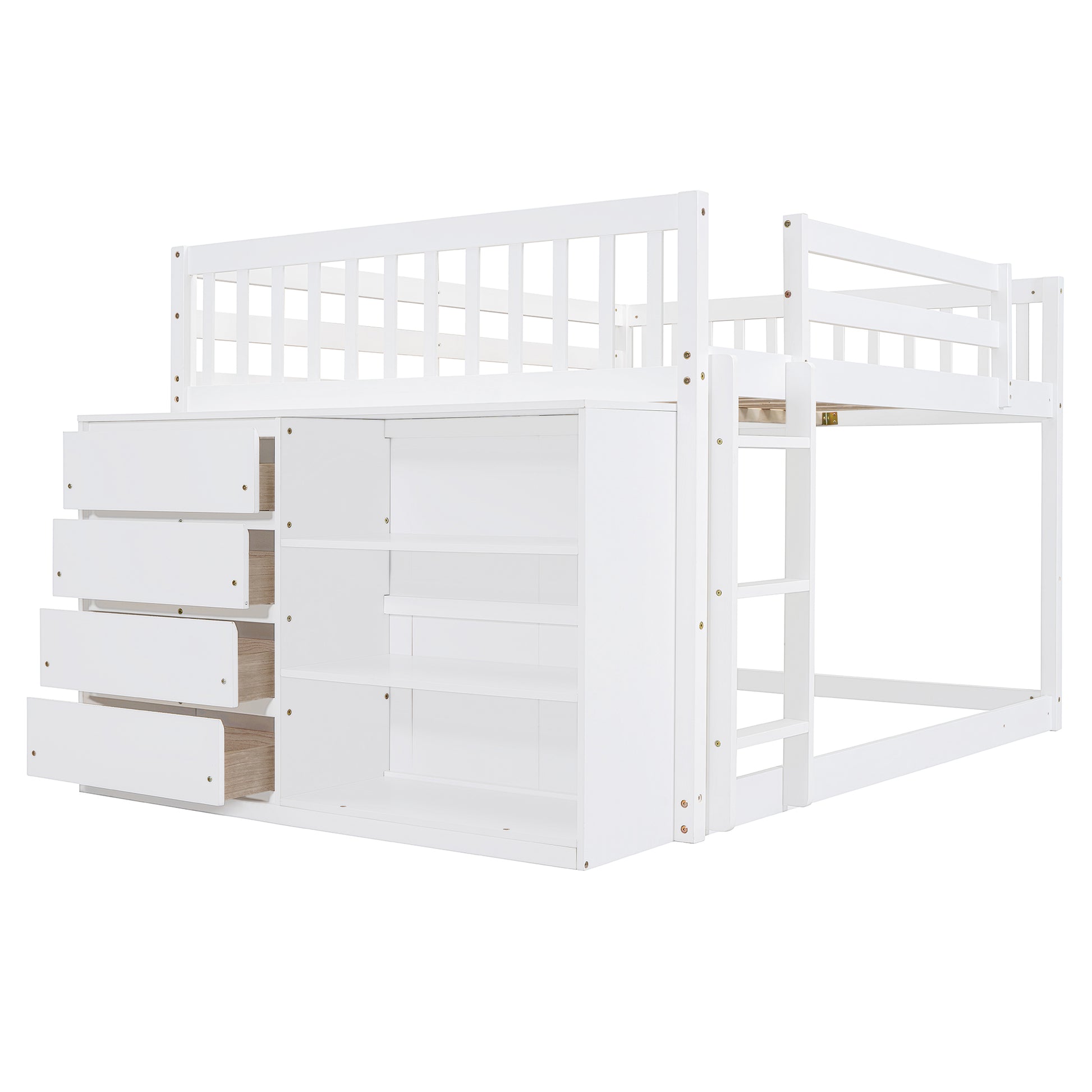 Full Over Full Bunk Bed With 4 Drawers And 3 Shelves White Full White Solid Wood