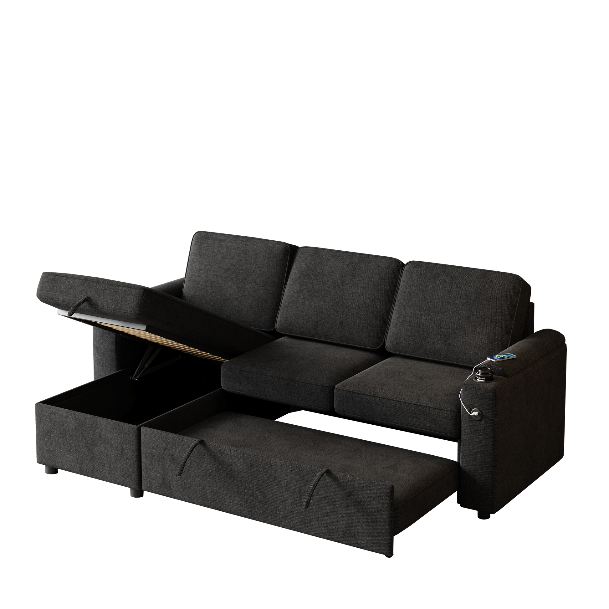 Mh85.8" Sleeper Sofa, Sofa Bed 2 In 1 Pull Out Sofa Bed With Storage Sofa, Sofa Sleeper With Pull Out Bed With Charging Port Black Polyester Primary Living Space Eucalyptus Polyester Fabric 3 Seat