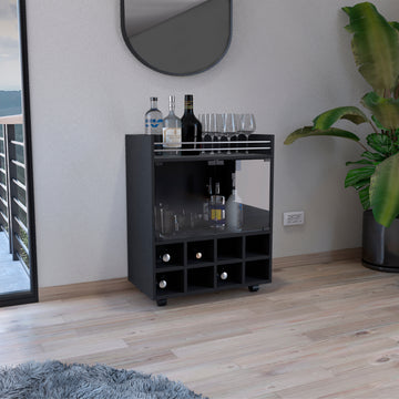 St Andrews Bar Cart With Built In 8 Bottle Rack, Double Glass Door Cabinet, And Aluminum Edged Top Surface Black Primary Living Space Modern Particle Board Shelves Included Engineered Wood