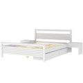 Queen Size Wooden Platform Bed With 2 Storage Drawers And 2 Bedside Tables, White Queen White Pine