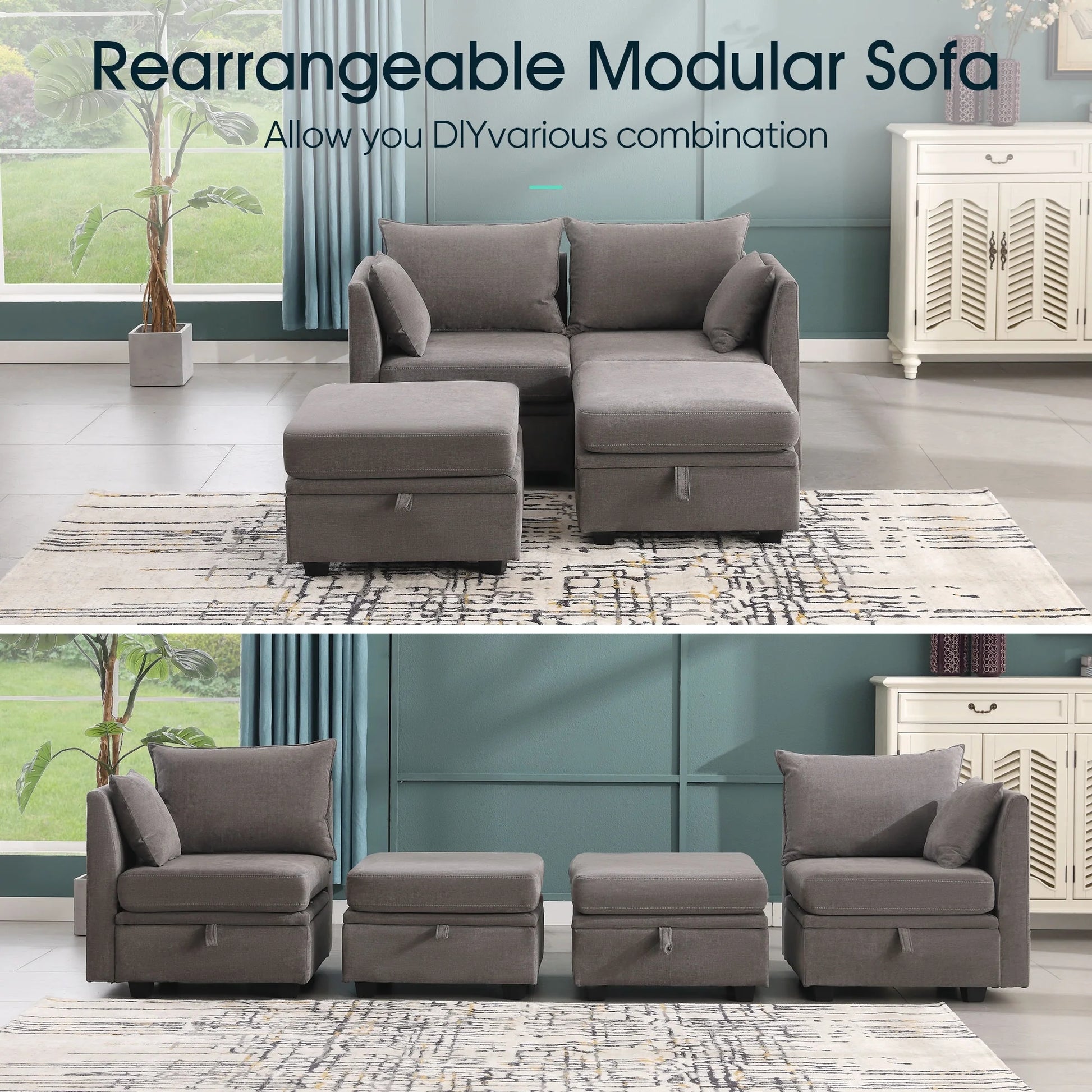 Modular Couches And Sofas Sectional With Storage Sectional Sofa U Shaped Sectional Couch With Reversible Chaises, Grey Gray Wood Soft Heavy Duty Linen 4 Seat