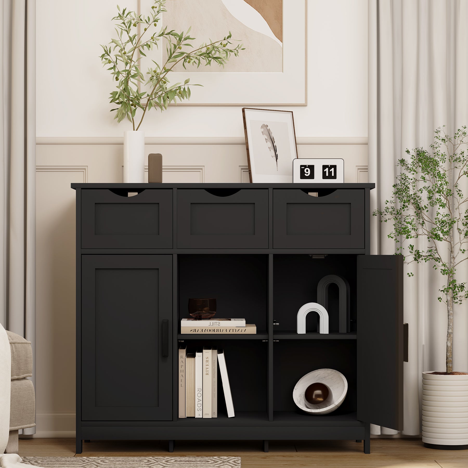 Storage Cabinets,Wooden Floor Cabinet,With Drawers And Shelves Storage Cabinets,Accent Cabinet For Living Room,Bedroom,Bathroom Furniture Home Decor Black Black Particle Board