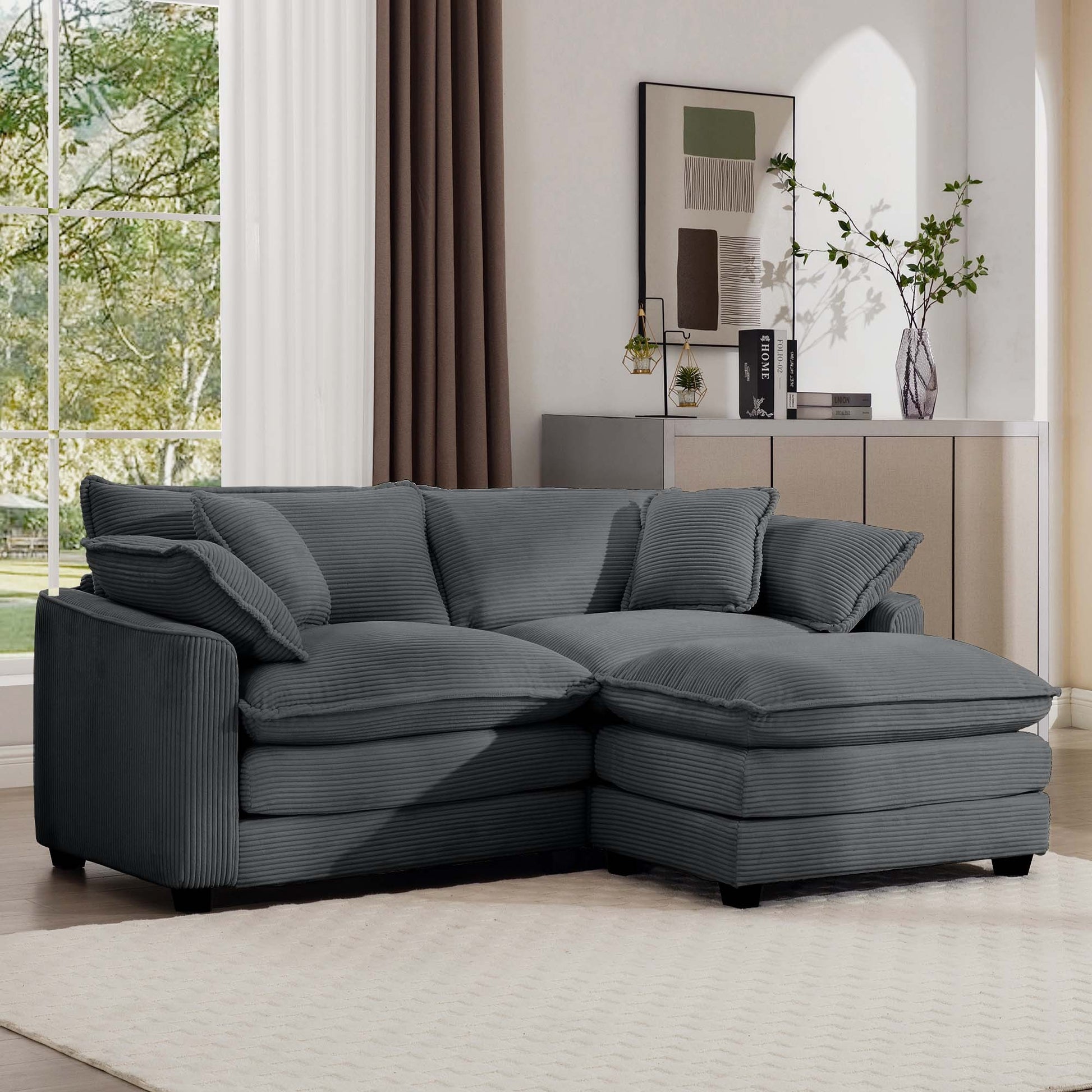 Corduroy Two Seater Sofa With 1 Footrest, L Shaped 2 Seater Sofa With Ottoman For Small Living Spaces, Grey Corduroy Sofa Grey Corduroy 2 Seat