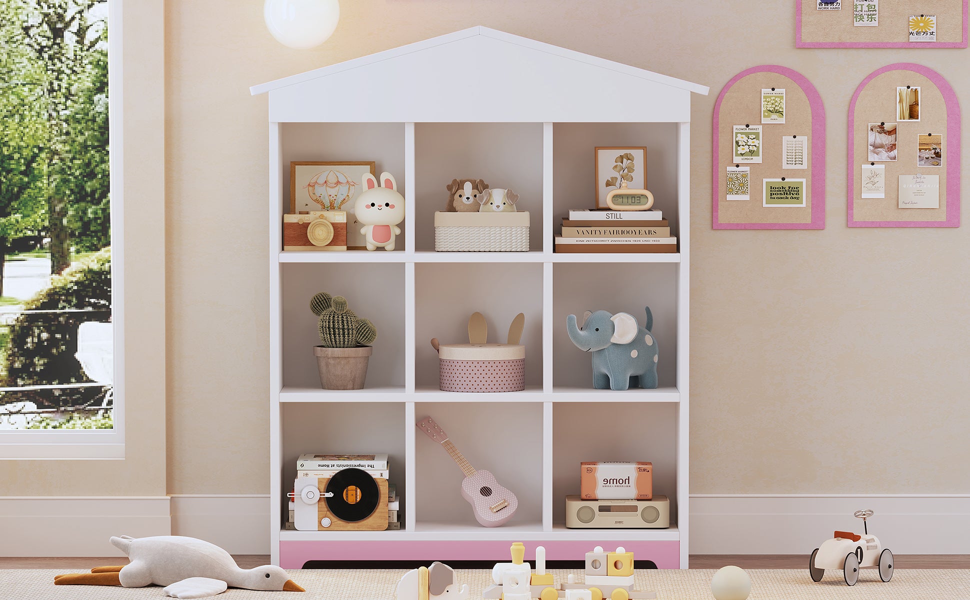 House Shaped Storage Rack With Nine Storage Compartments, Three Layer Storage Shelf With Colorblock Design, White Pink Pink White Particle Board