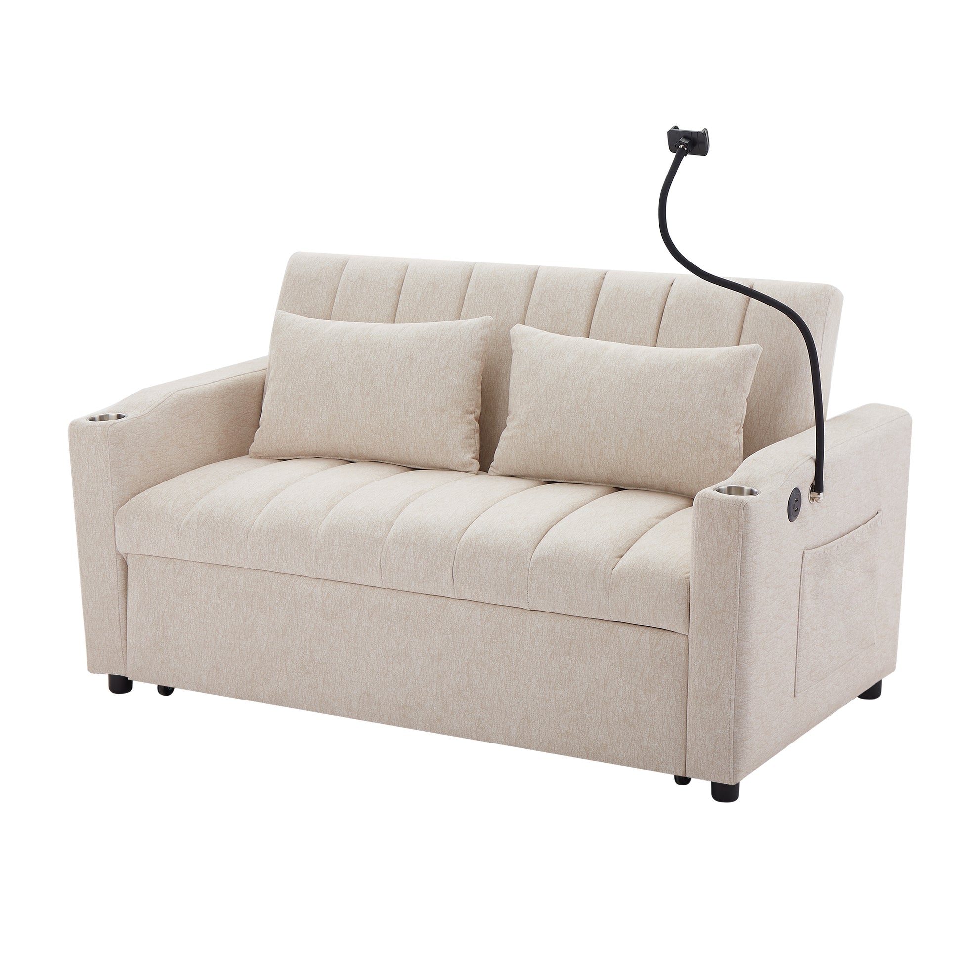 55.9" Convertible Sofa Bed Loveseat Sofa With Three Usb Ports, Two Side Pockets, Two Cup Holders And 360 Swivel Phone Holder For Living Room, Beige Beige Foam Polyester
