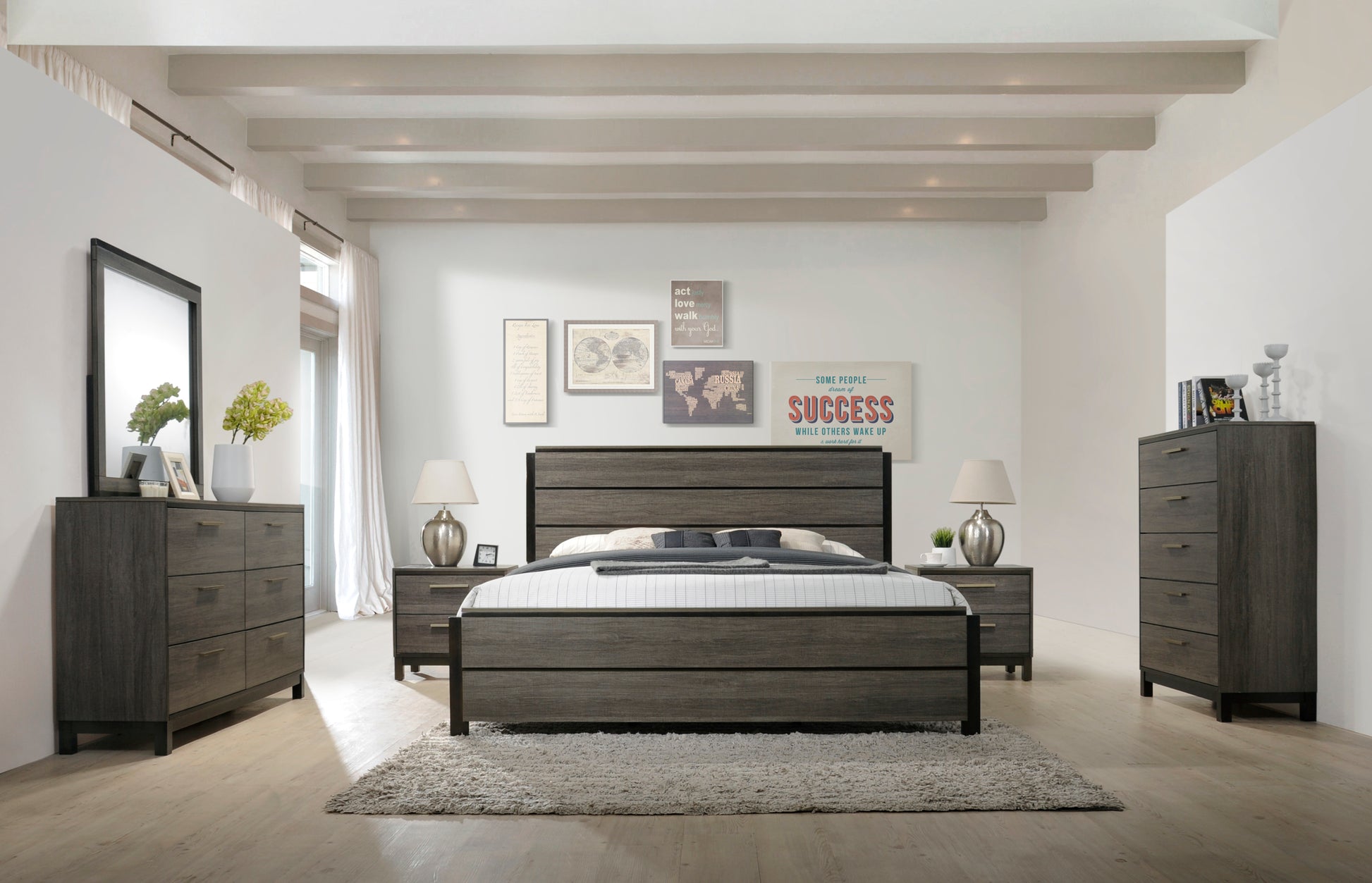Ioana Antique Grey Wood 6 Piece King Size Bedroom Set, Dresser, Mirror, 2 Night Standschest Box Spring Required King Gray Wood Gray 6 Piece Set Bedroom Bed Included,Chest Included,Dresser Included,Mirror Included,Nightstand Included Contemporary,Modern
