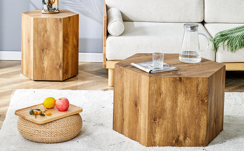 Modern Minimalist Set Of Two Hexagonal Wood Grain Mdf Coffee Tables.Modern Mdf Coffee Table, With Complex Texture Patterns, Style And Texture Coffee Table To Redefine Your Interior Decoration. Wood