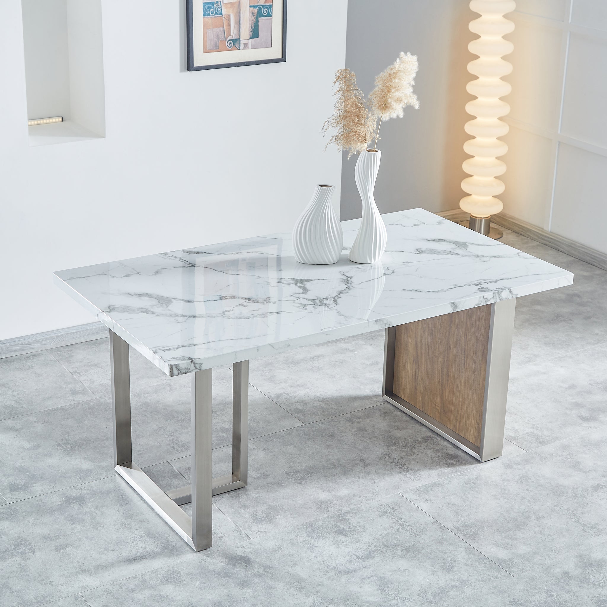 Elegant Luxurious Imitation Marble Mdf Dinning Table For 6 Or 8, Rectangular 63"L*35.4"W*29.8"H, Walnut Stainless Steel Legs Modern, Durable, Easy To Assemble For Kitchen Living Room Meeting, White White Gray Seats 6 Brown Ergonomic Kitchen